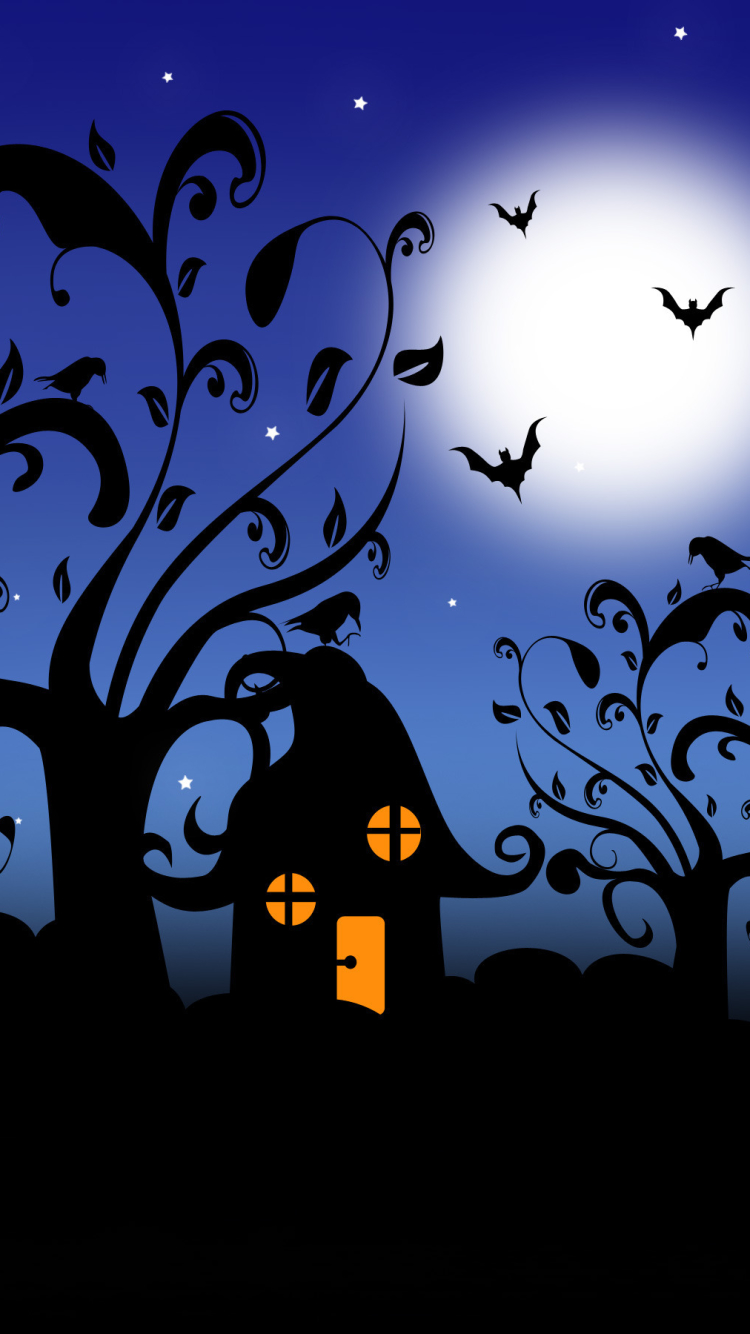 Download mobile wallpaper Halloween, Silhouette, Tree, Holiday, House, Bat for free.