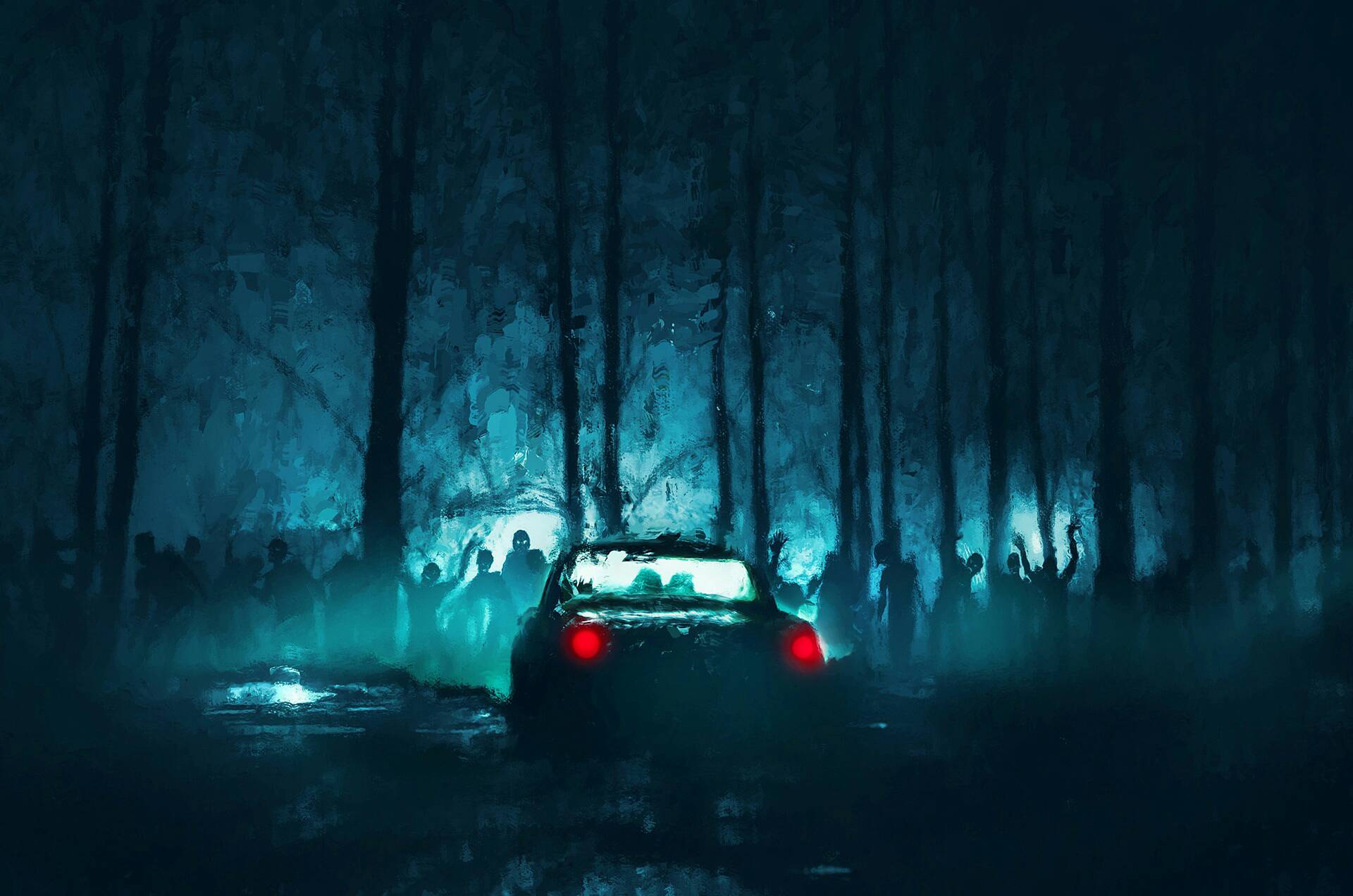 Laden Sie das Wald, Düster, Autos, Nacht, Untote, Zombie-Bild kostenlos auf Ihren PC-Desktop herunter