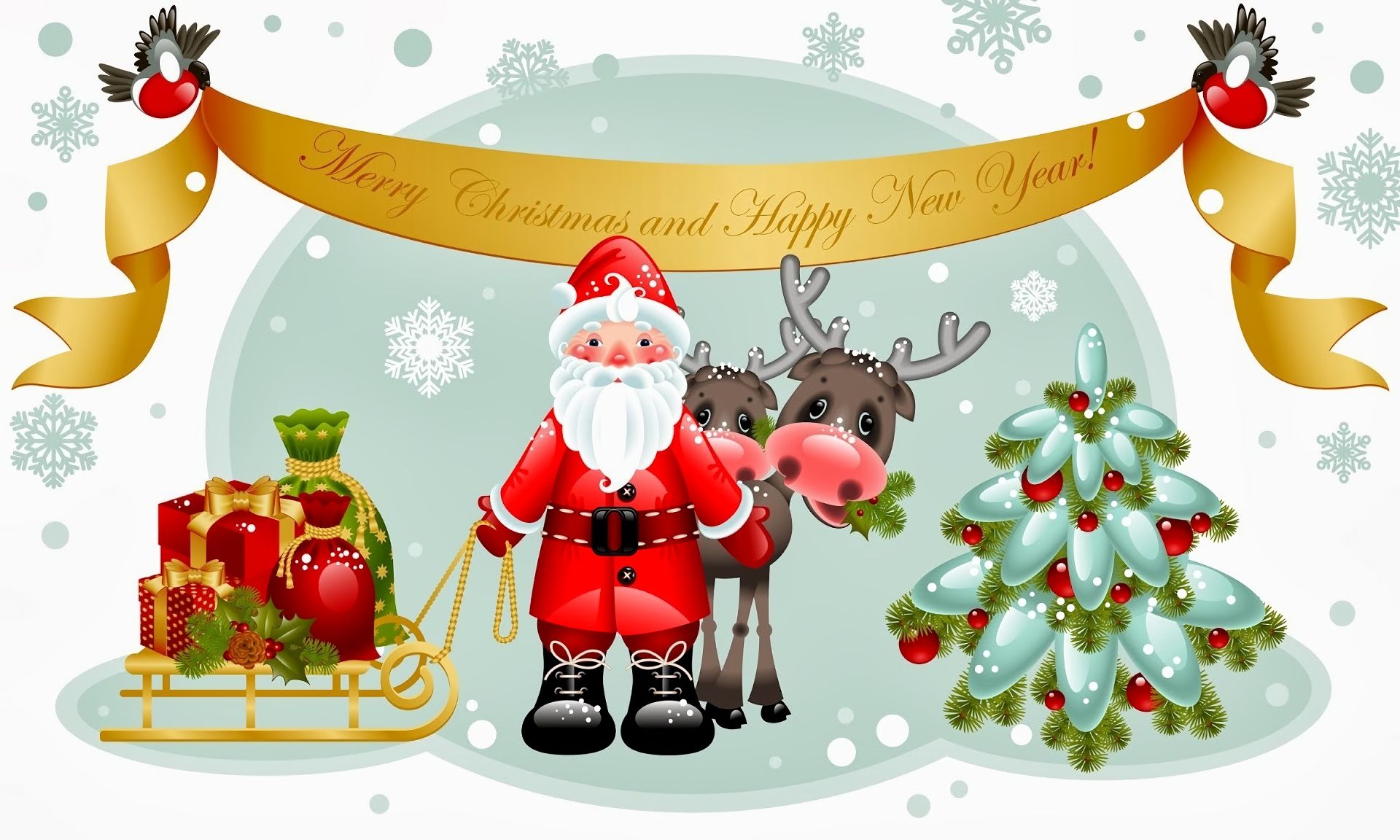 Handy-Wallpaper Feiertage, Neujahr, Weihnachtsmann, Schnee, Weihnachten, Vogel, Weihnachtsbaum, Schlitten, Frohe Weihnachten, Rentier, Frohes Neues Jahr kostenlos herunterladen.