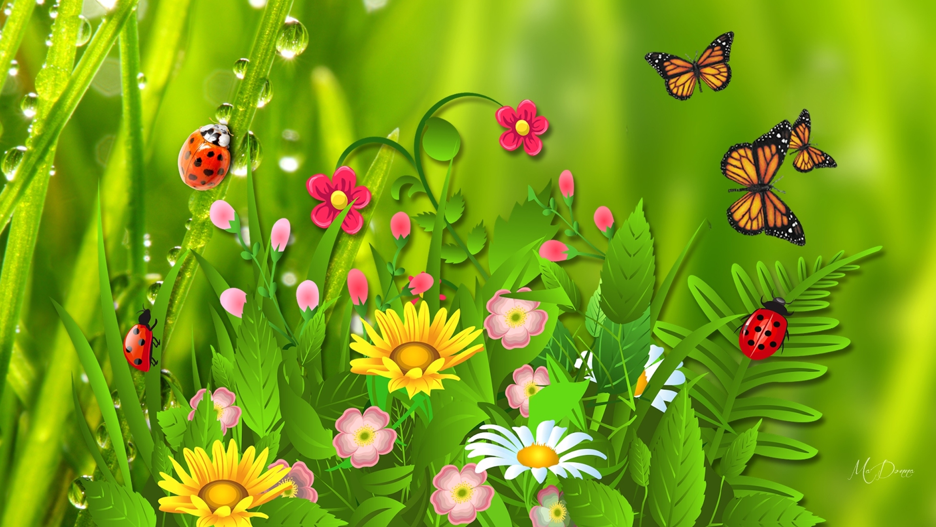 Скачать обои бесплатно Природа, Трава, Цветок, Бабочка, Божья Коровка, Весна, Художественные картинка на рабочий стол ПК