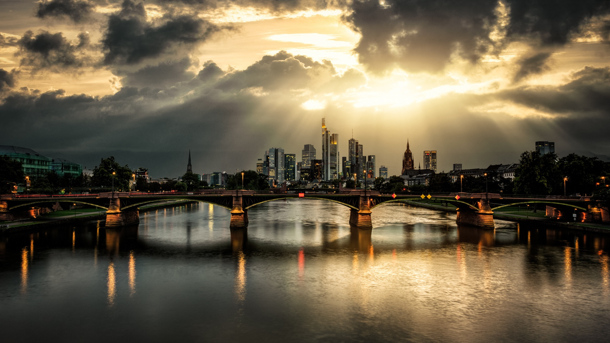 germany, cities, man made, frankfurt, bridge, building, city, cloud, evening, reflection, river, sky, skyscraper, sunbeam