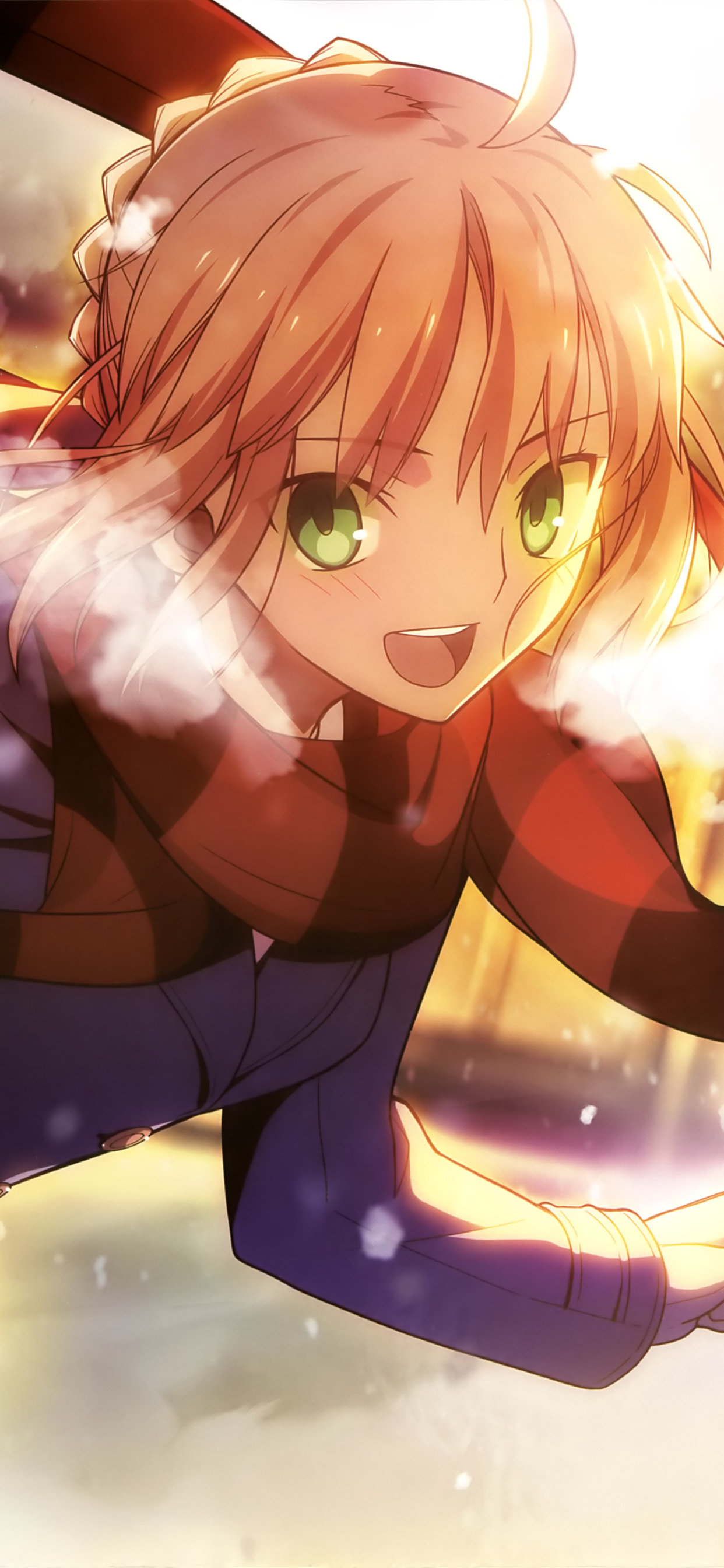 Download mobile wallpaper Anime, Smile, Scarf, Green Eyes, Saber (Fate Series), Fate/stay Night, Orange Hair, Fate (Series), Fate Series for free.