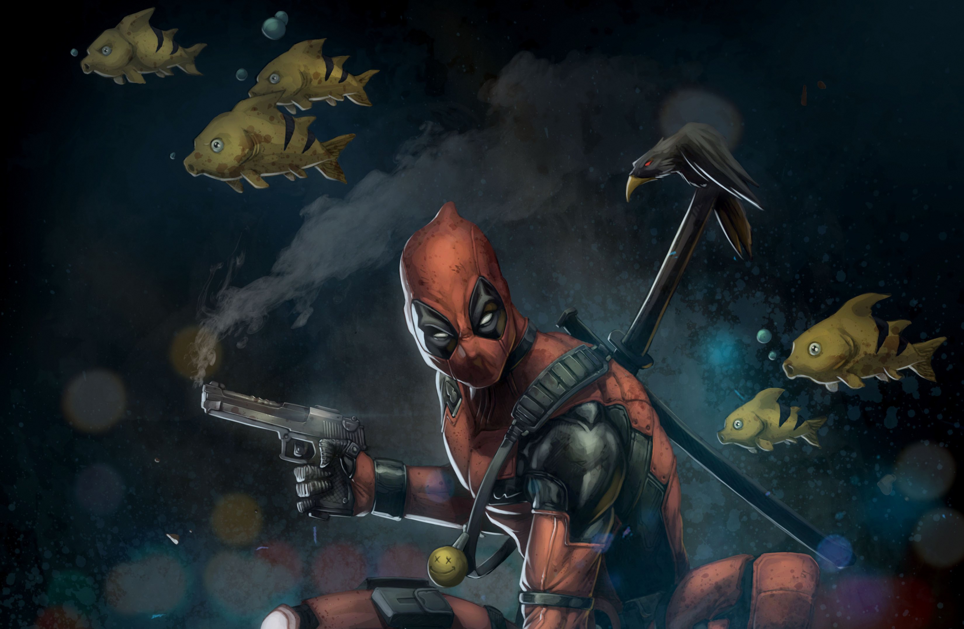 Laden Sie das Deadpool, Fisch, Rabe, Pistole, Comics-Bild kostenlos auf Ihren PC-Desktop herunter