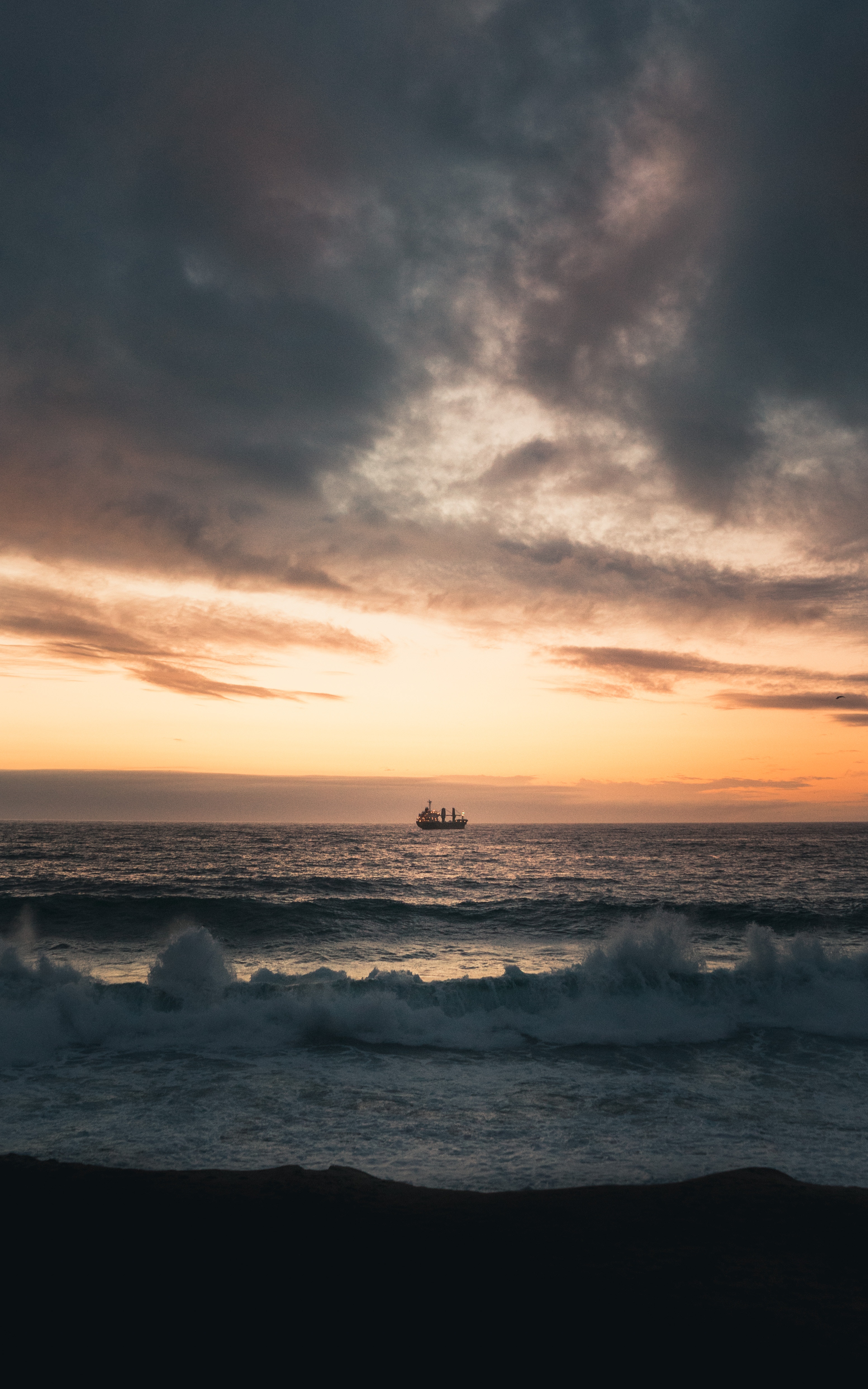 Download mobile wallpaper Horizon, Waves, Sunset, Nature, Sea, Ship for free.