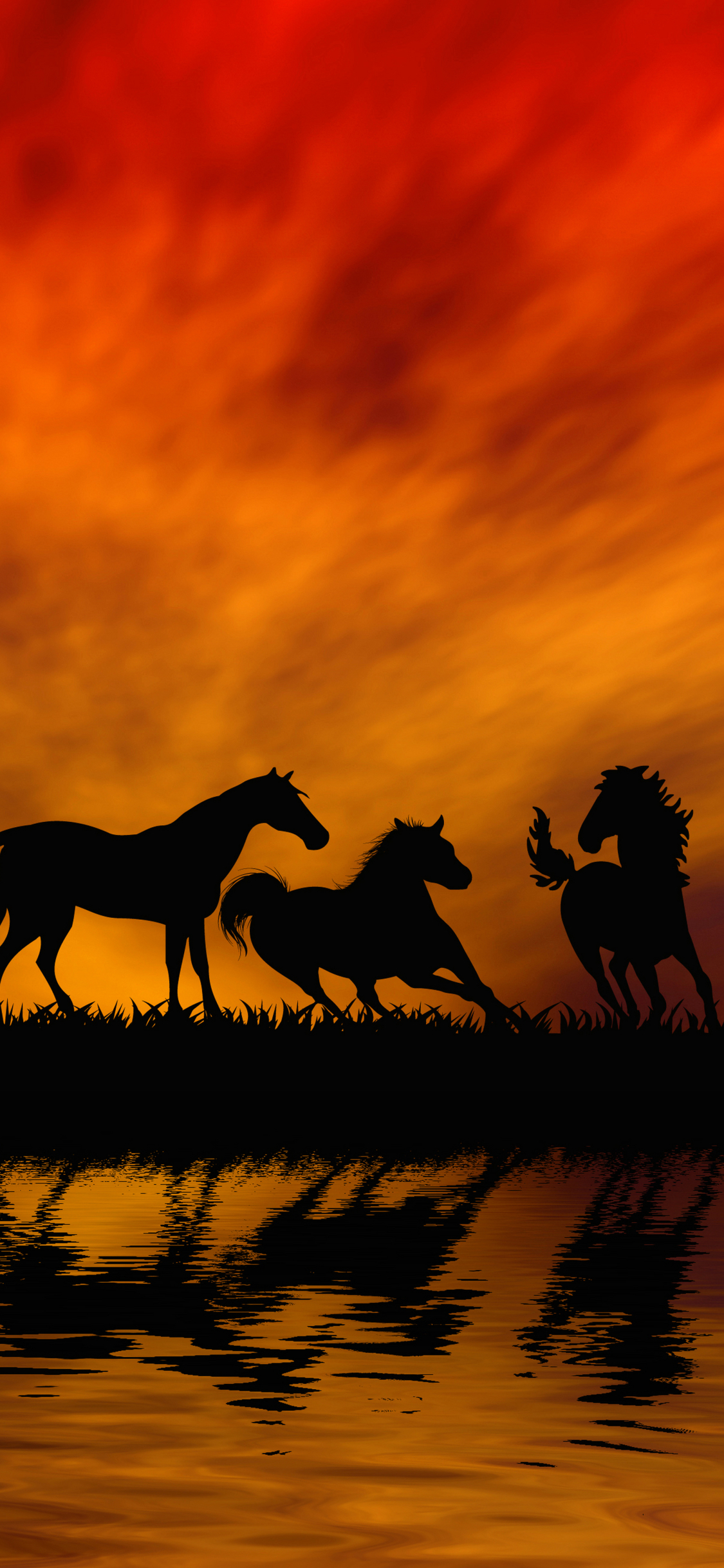 Download mobile wallpaper Sunset, Reflection, Silhouette, Animal, Horse, Orange (Color) for free.