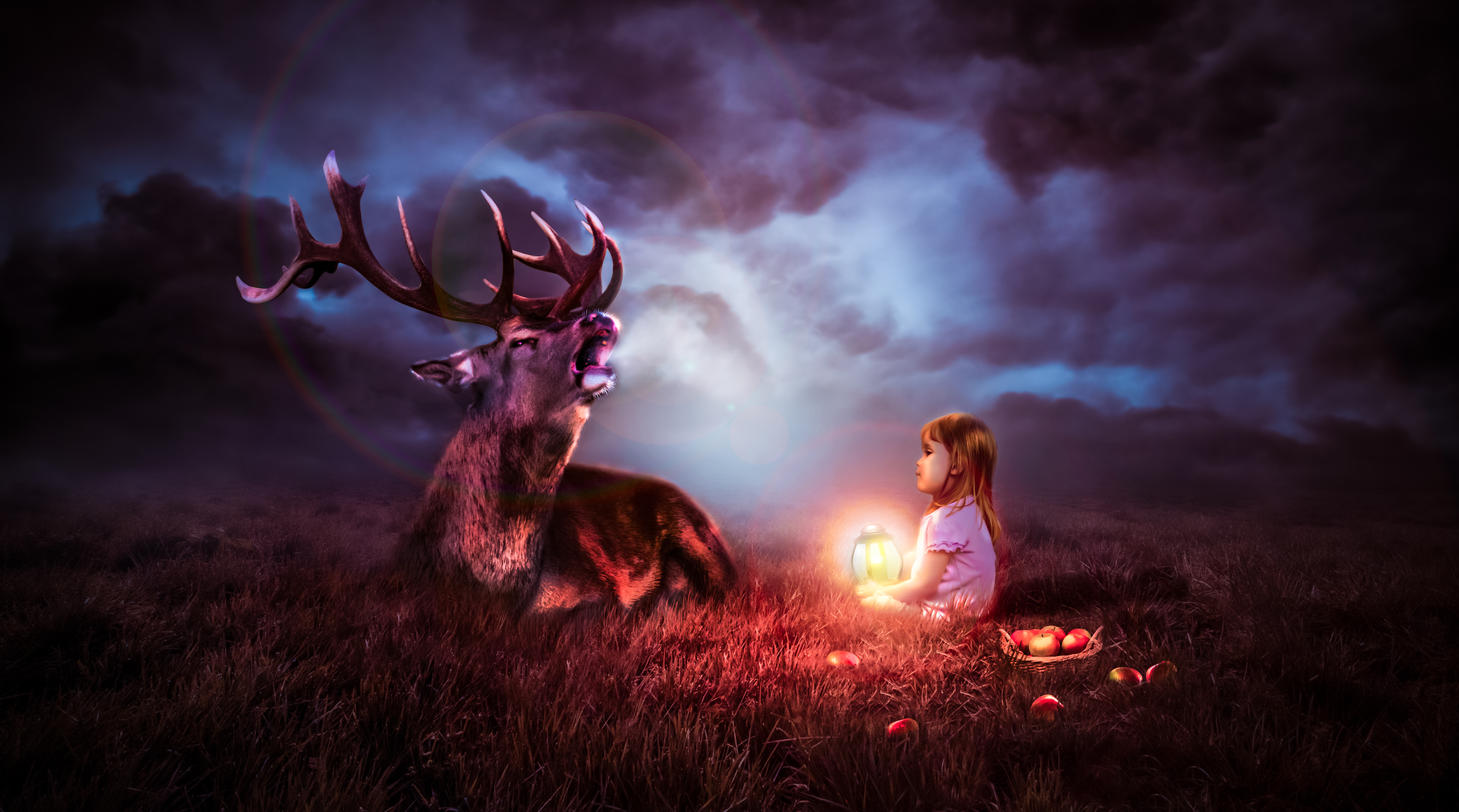 Download mobile wallpaper Fantasy, Apple, Night, Lantern, Deer, Child for free.
