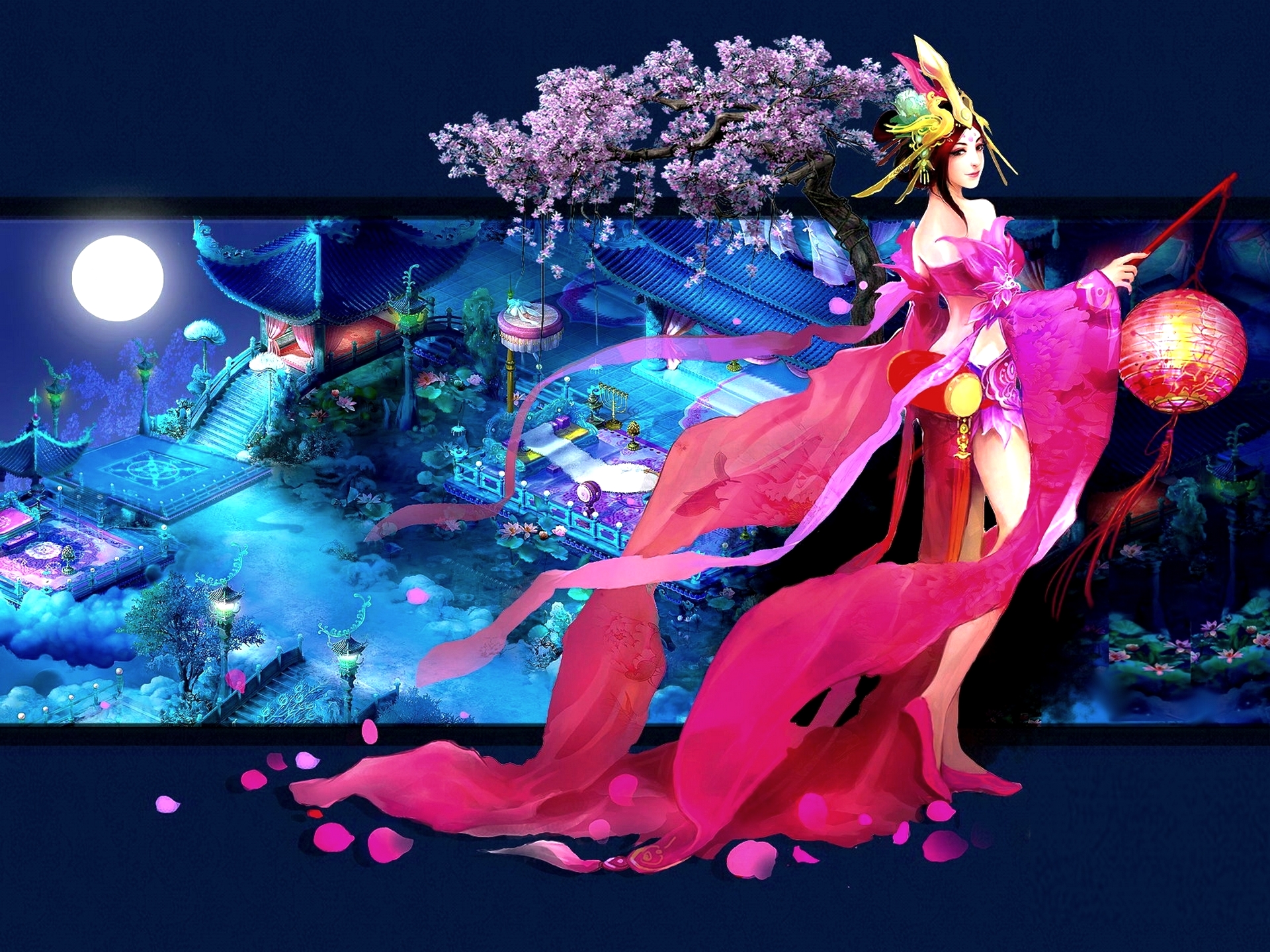 Free download wallpaper Landscape, Fantasy, Flower, Lantern, Oriental, Women on your PC desktop