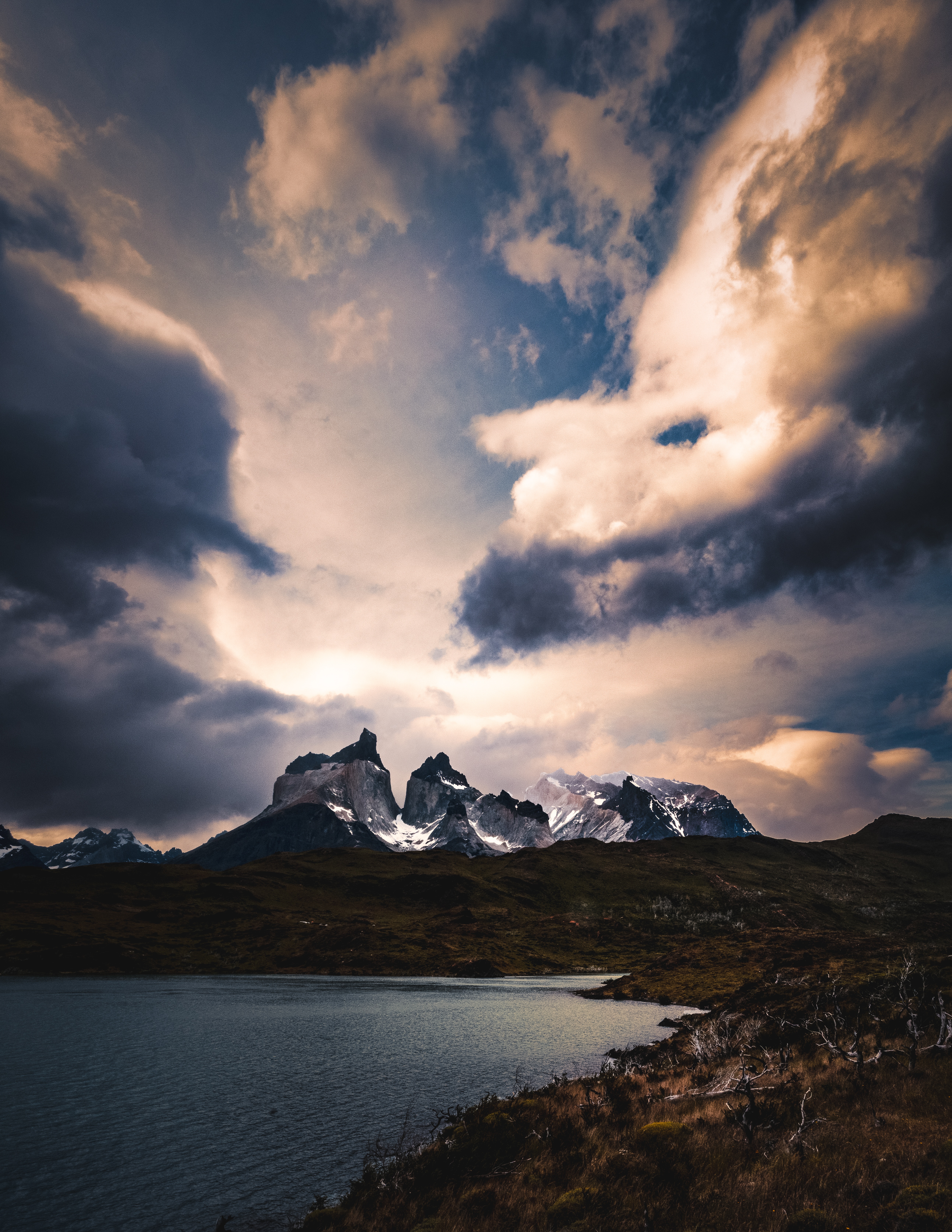 Download mobile wallpaper Clouds, Overcast, Mainly Cloudy, Grass, Nature, Dusk, Twilight, Lake, Mountains for free.