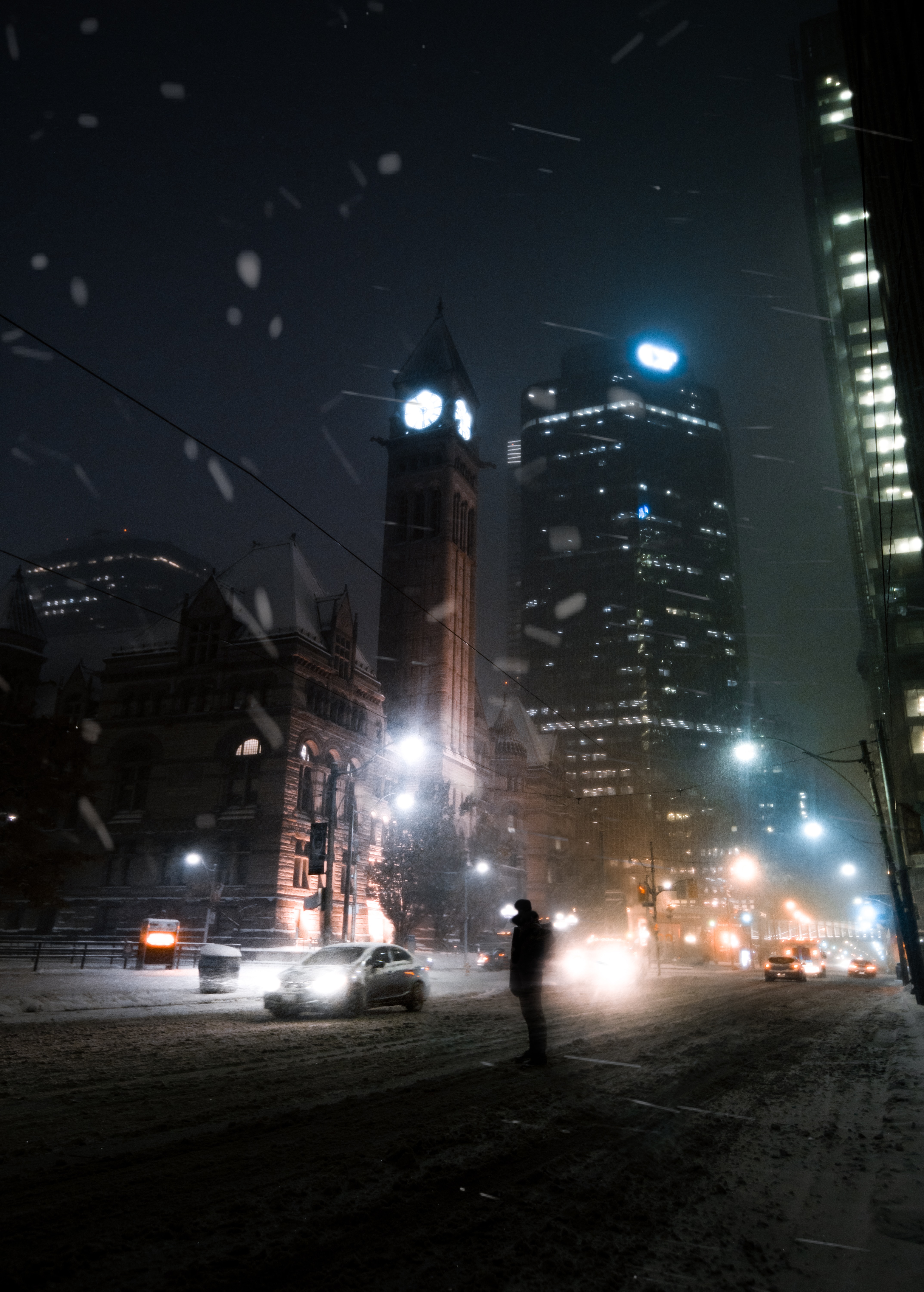 Download mobile wallpaper Night City, City Lights, Snowfall, Street, Silhouette, Dark for free.