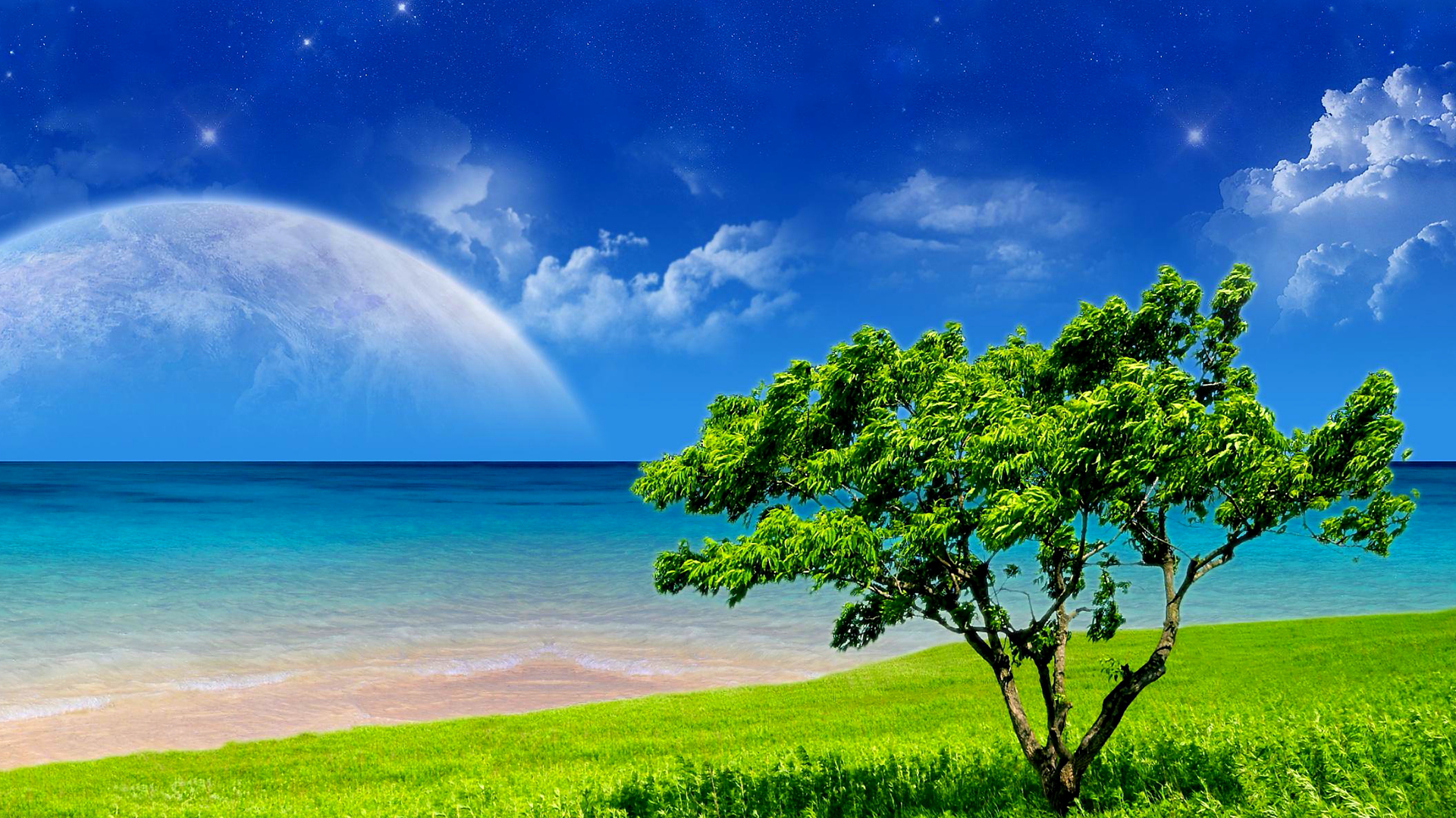 Download mobile wallpaper Landscape, Fantasy, Sky, Sea, Tree, Field for free.