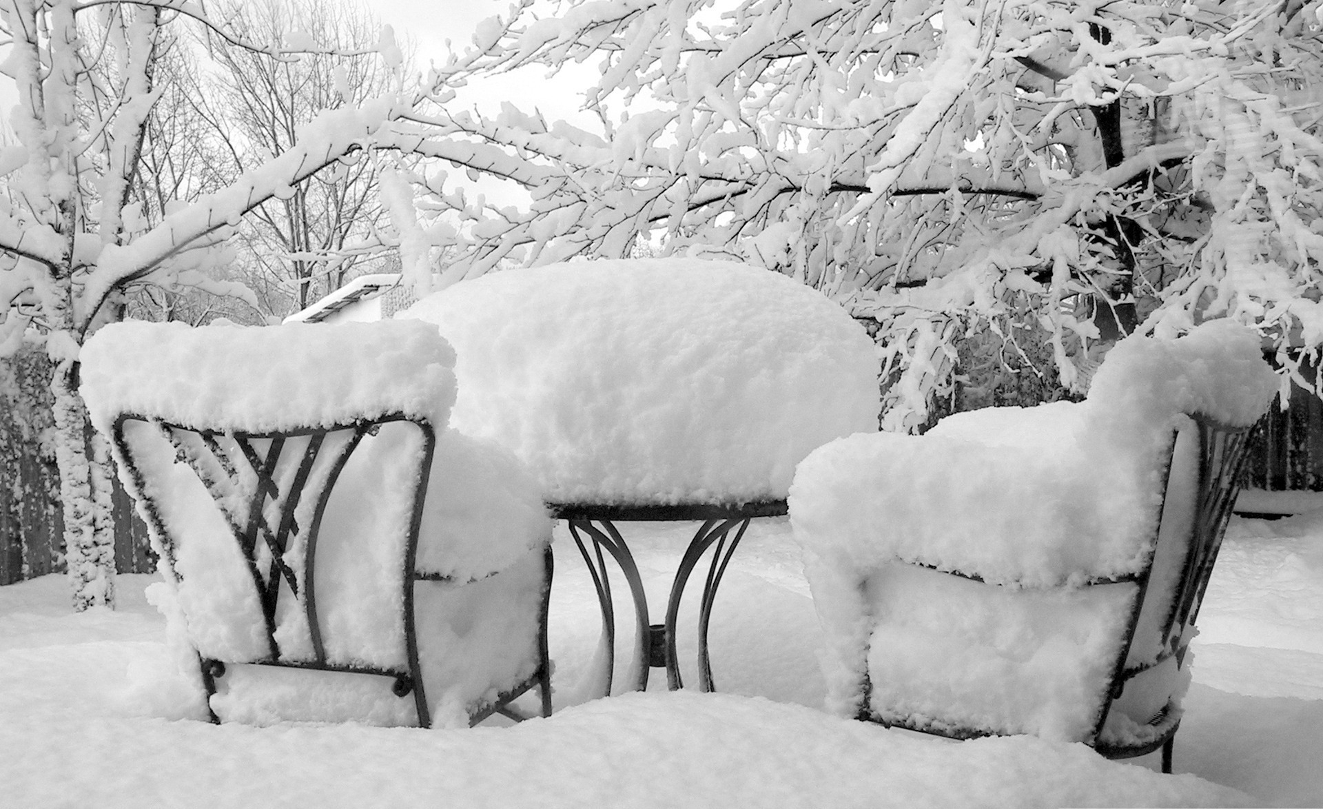 winter, nature, snow, table, chairs, cover, robe, garb