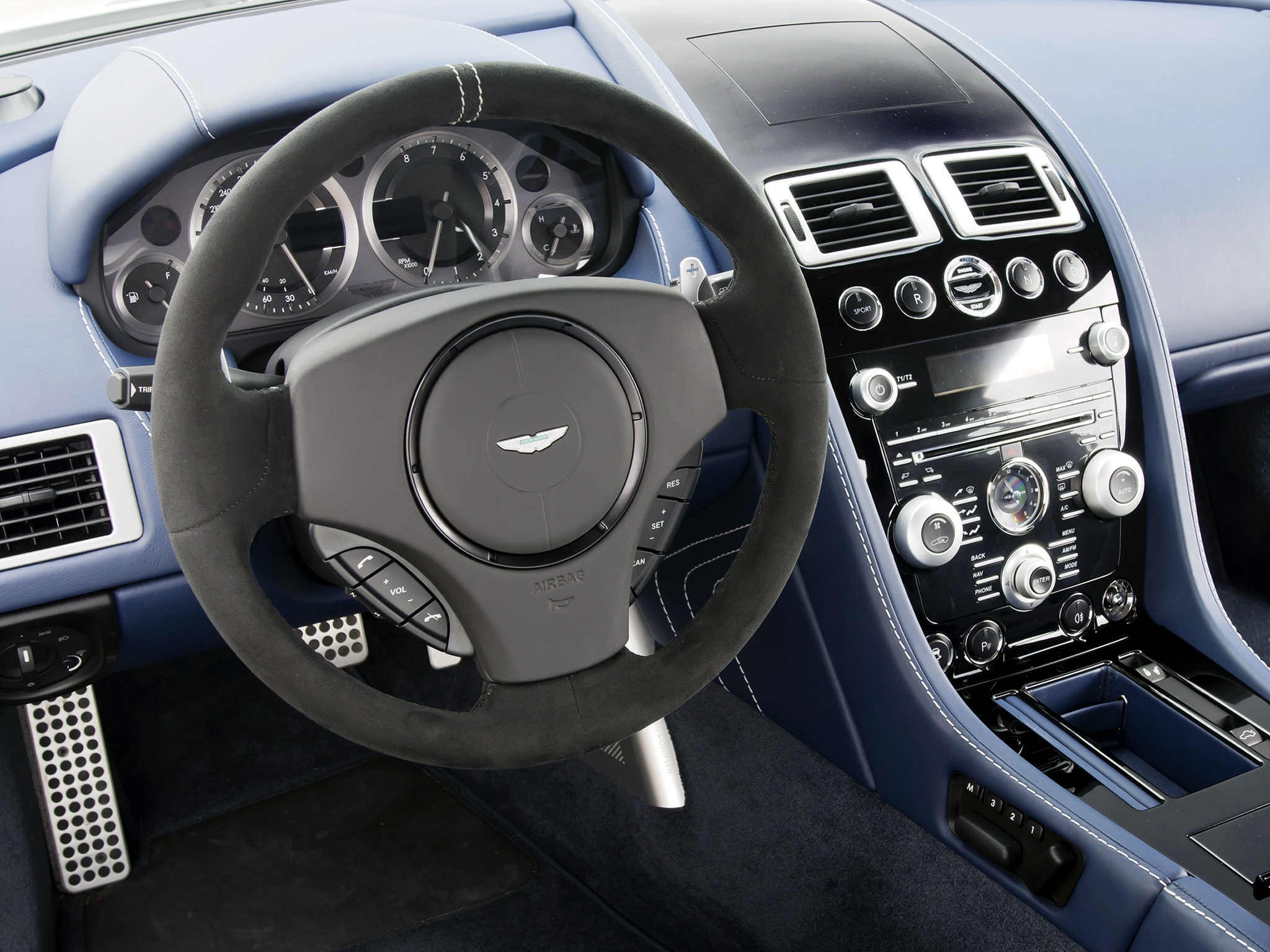 interior, aston martin, cars, blue, steering wheel, rudder, salon, speedometer, 2011, v8, vantage HD wallpaper