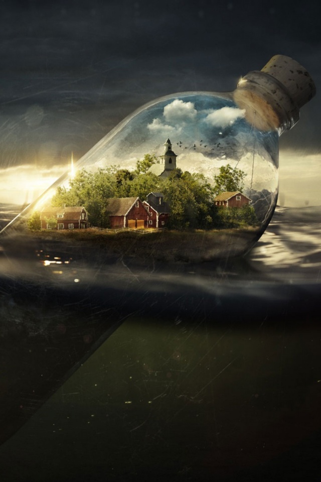 Download mobile wallpaper Water, Bird, House, Photography, Bottle, Town, Manipulation for free.