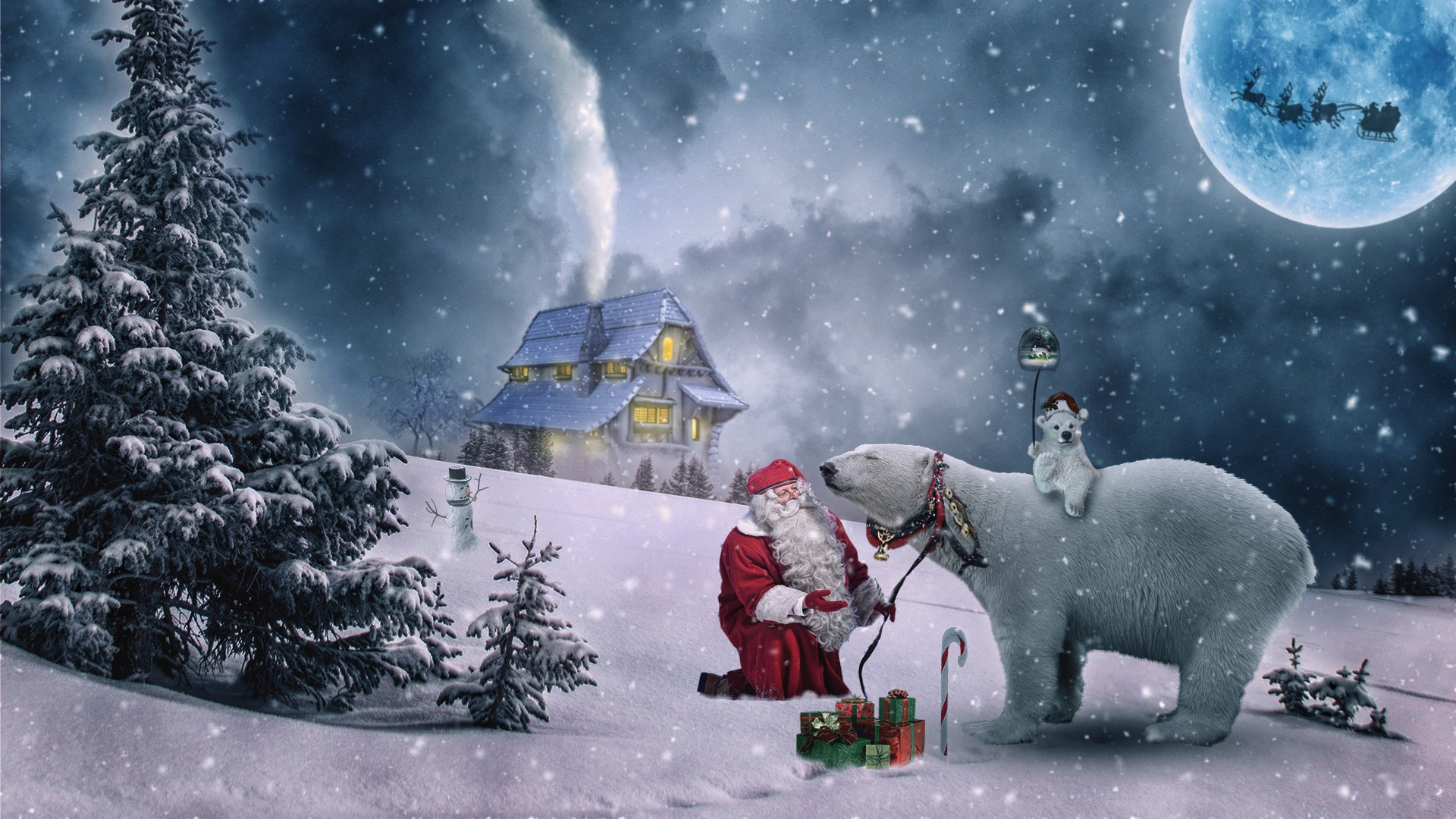 Laden Sie das Feiertage, Winter, Weihnachtsmann, Weihnachten, Geschenk, Eisbär-Bild kostenlos auf Ihren PC-Desktop herunter