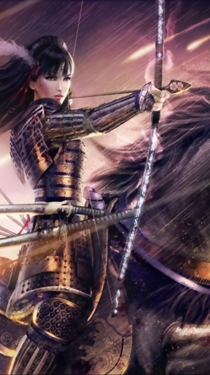 Download mobile wallpaper Fantasy, Bow, Horse, Samurai, Archer, Woman Warrior for free.