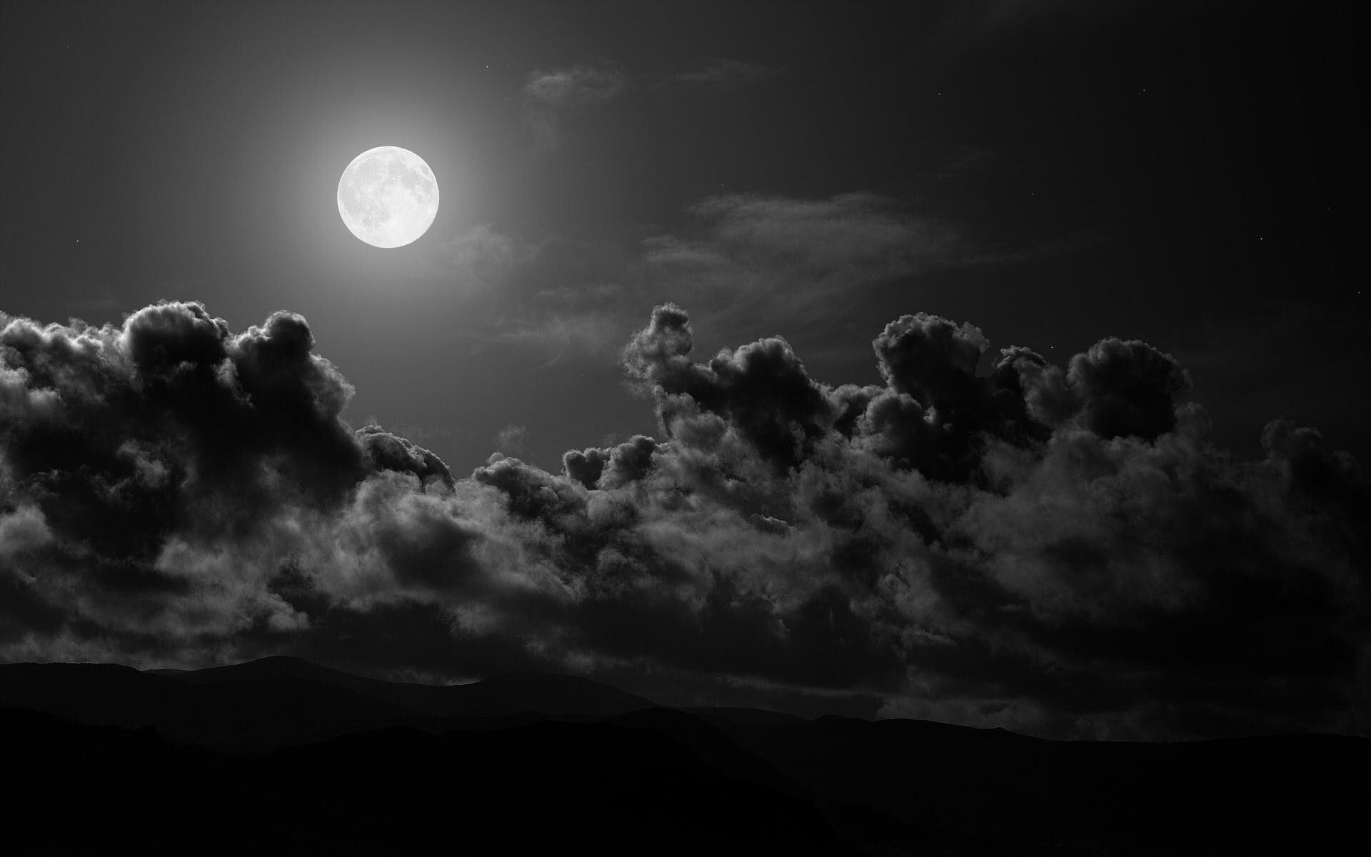 moon, clouds, black and white, sky, black