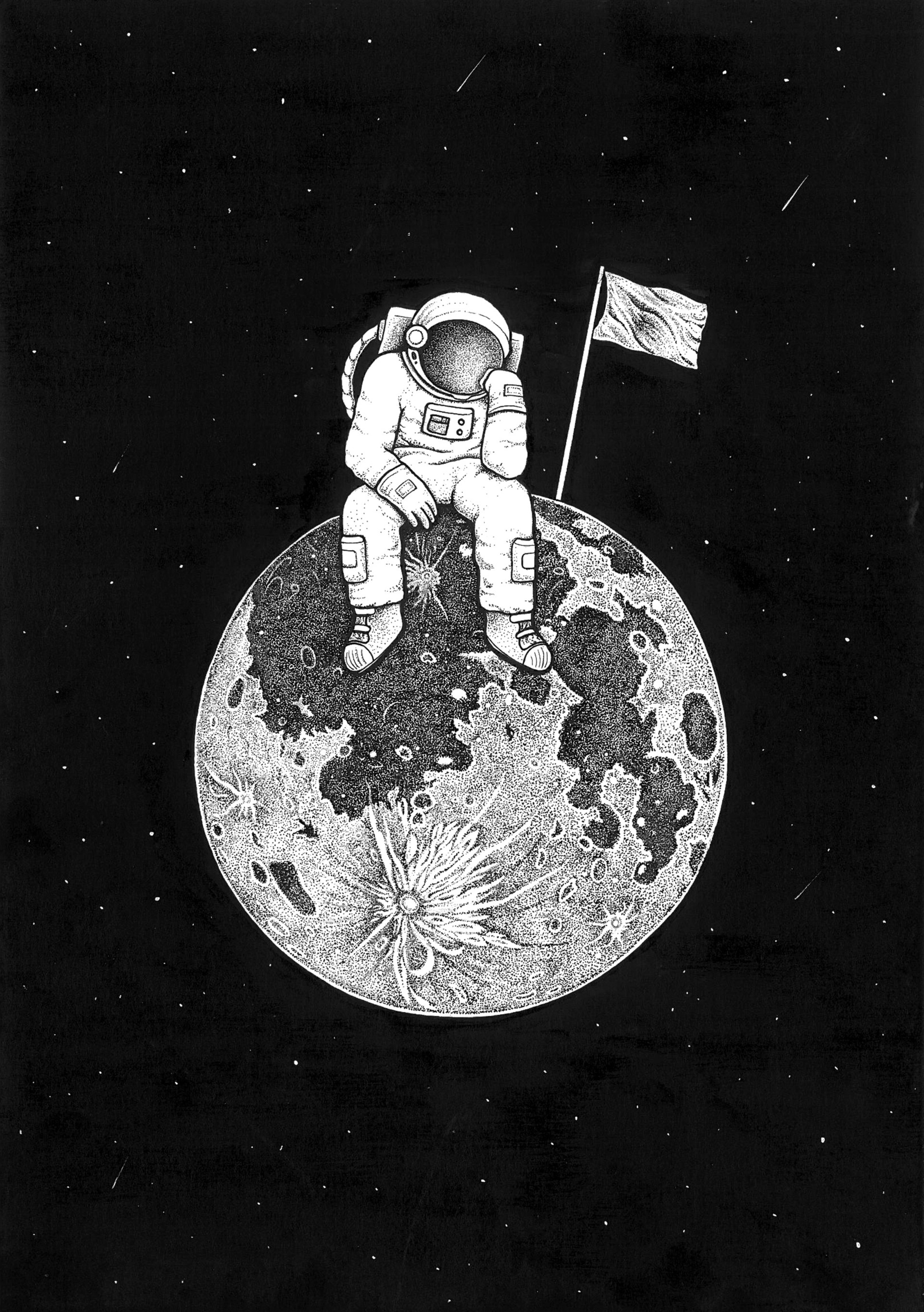 65686 скачать обои астронавт, рисунок, арт, чб, космос, планета - заставки и картинки бесплатно