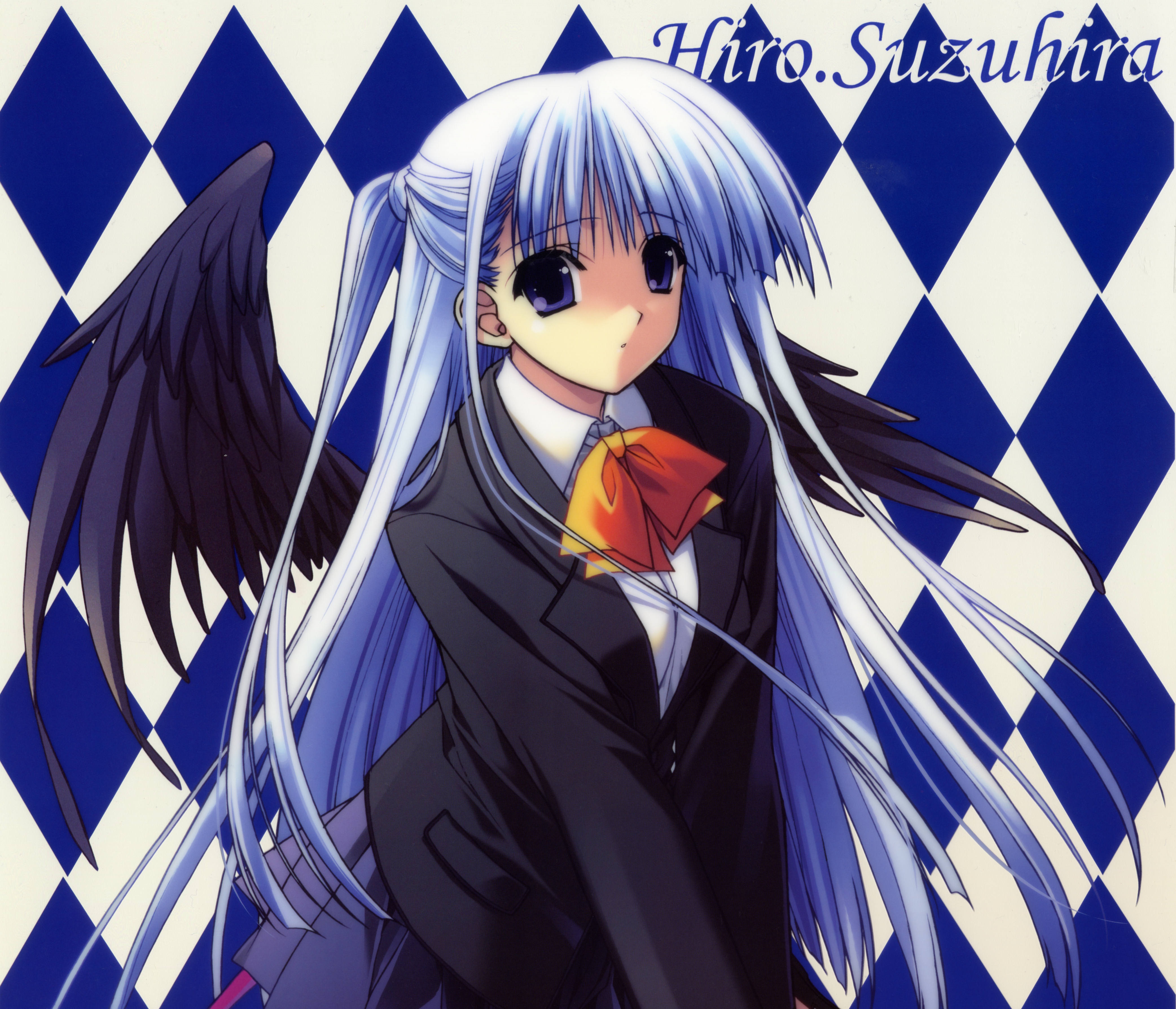 Download mobile wallpaper Anime, Wings, Ribbon, Blue Eyes, Original, Blue Hair, Long Hair for free.