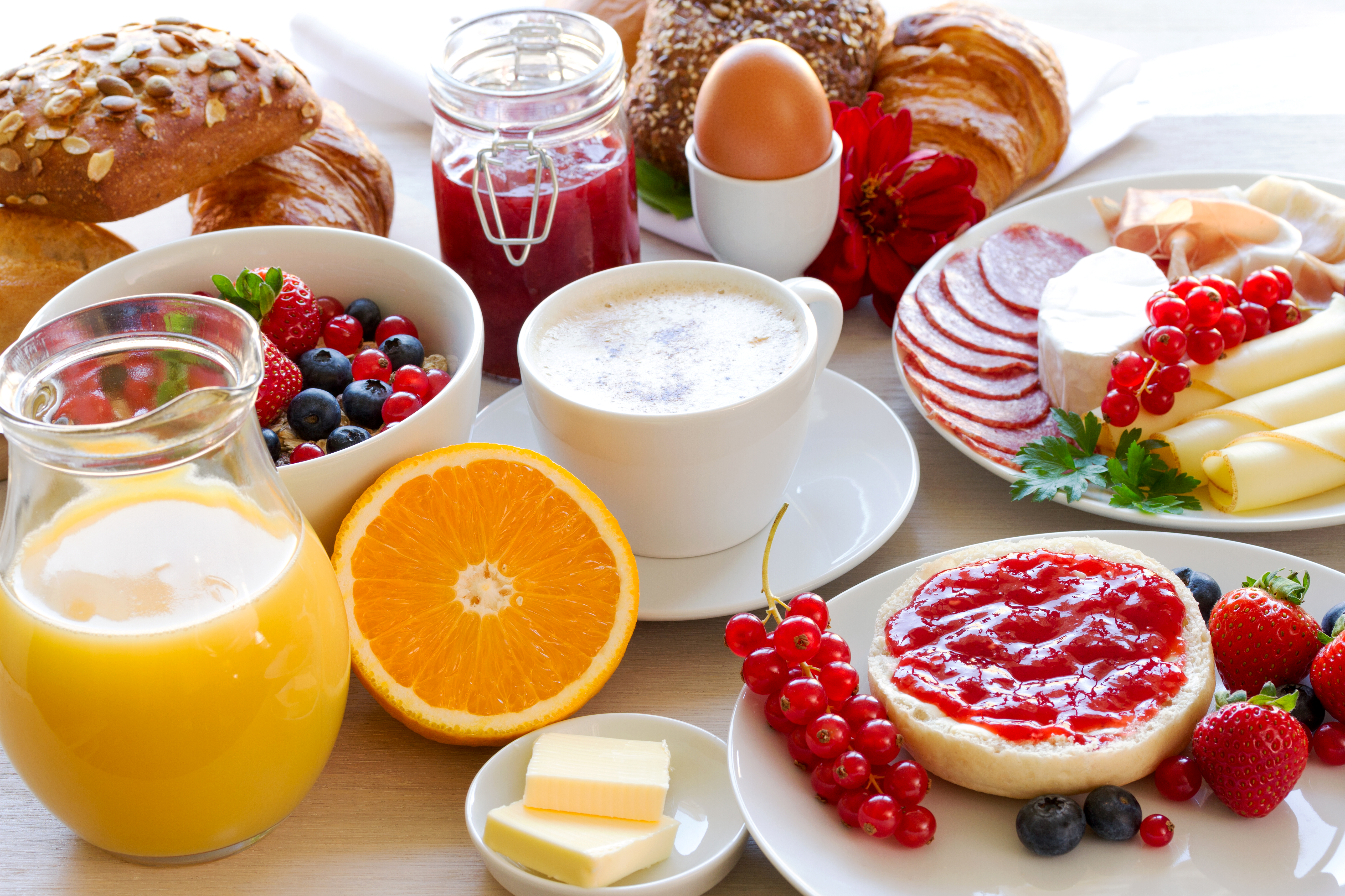 Download mobile wallpaper Food, Cheese, Coffee, Cup, Berry, Jam, Egg, Breakfast, Juice for free.