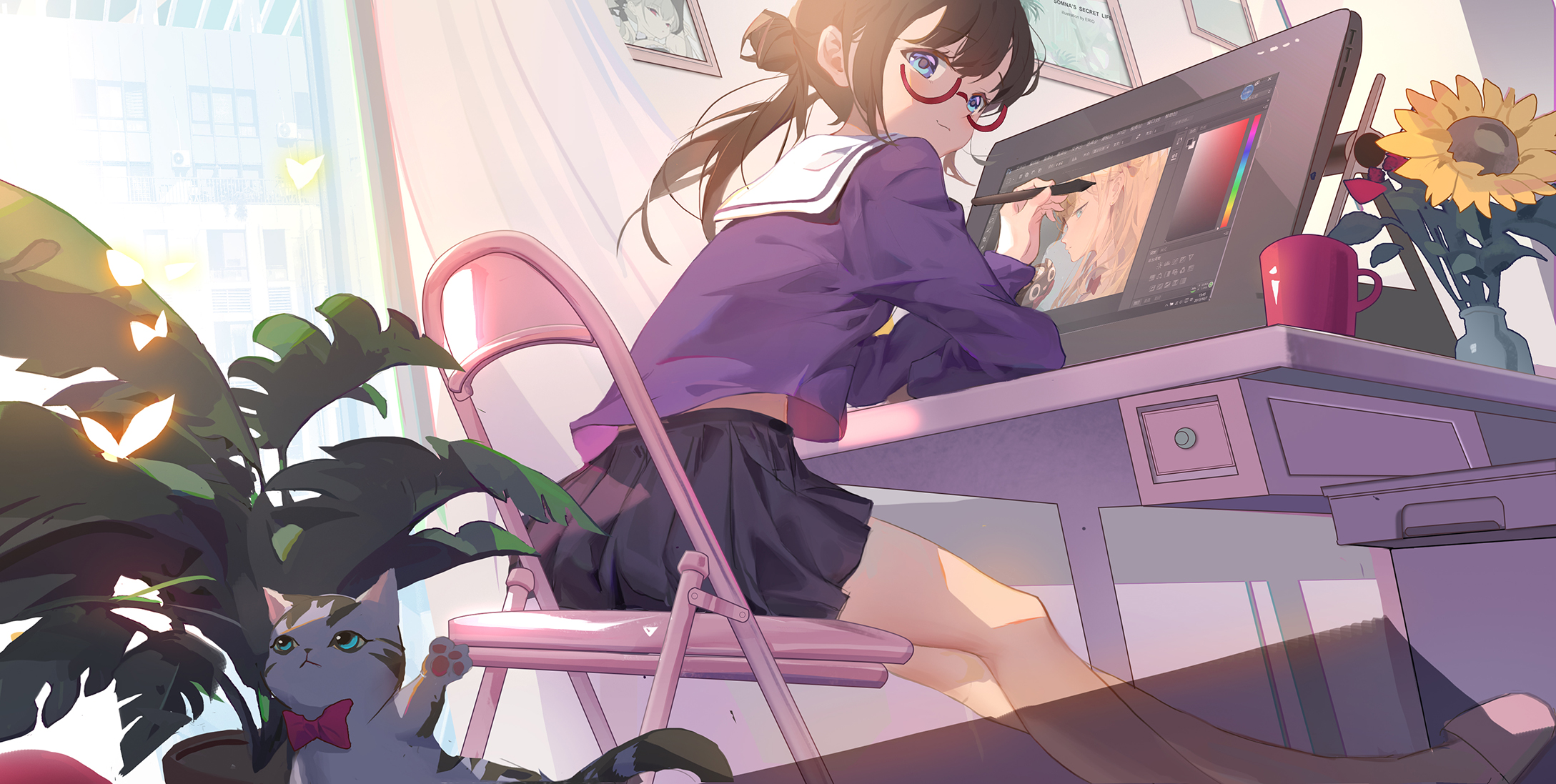 Free download wallpaper Anime, Cat, Legs, Girl, Glasses, Computer, Skirt, School Uniform, Brown Hair, Aqua Eyes on your PC desktop