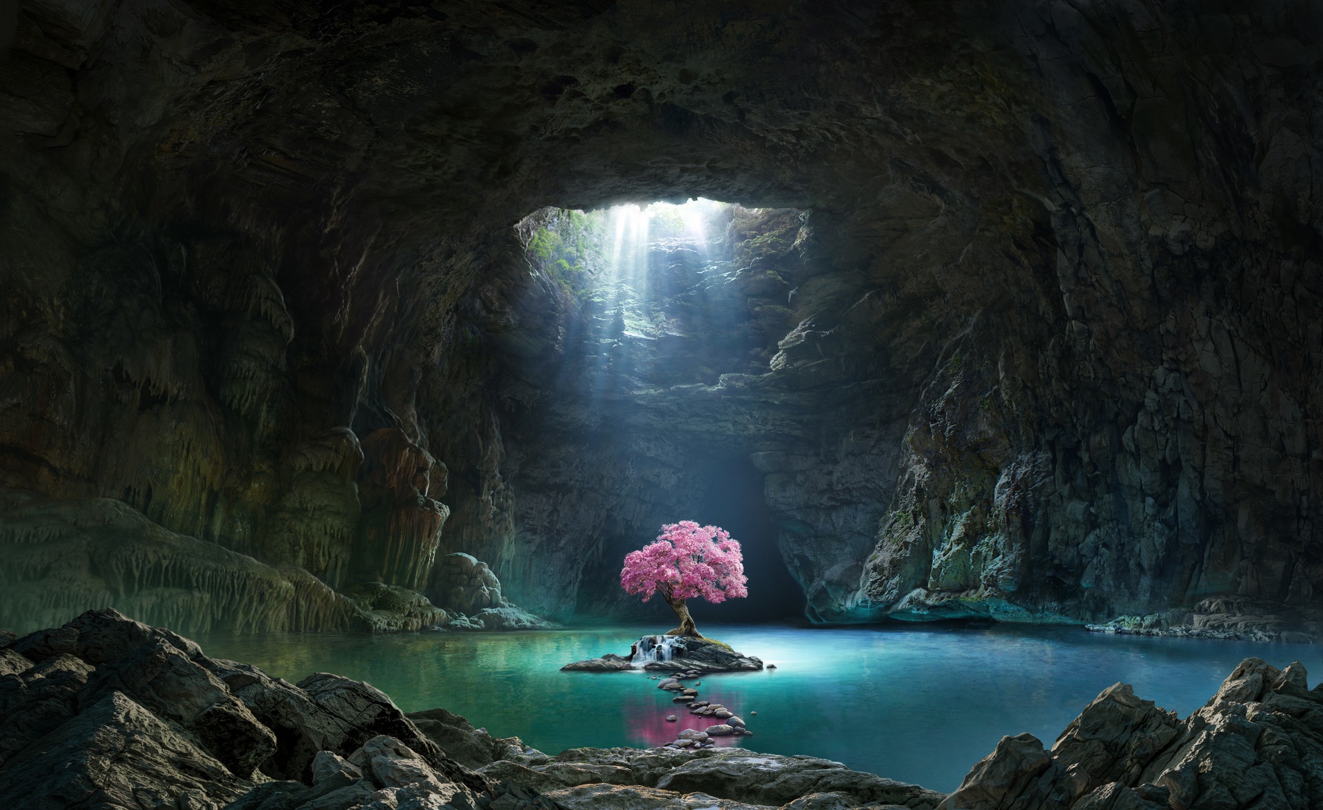 Free download wallpaper Nature, Tree, Cave, Photography, Sunbeam, Manipulation on your PC desktop
