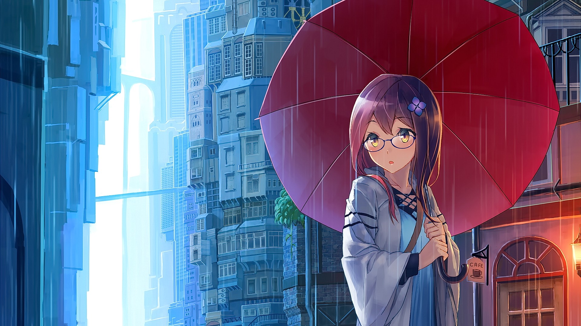 Download mobile wallpaper Anime, Rain, Girl, Umbrella, Glasses, Purple Hair for free.