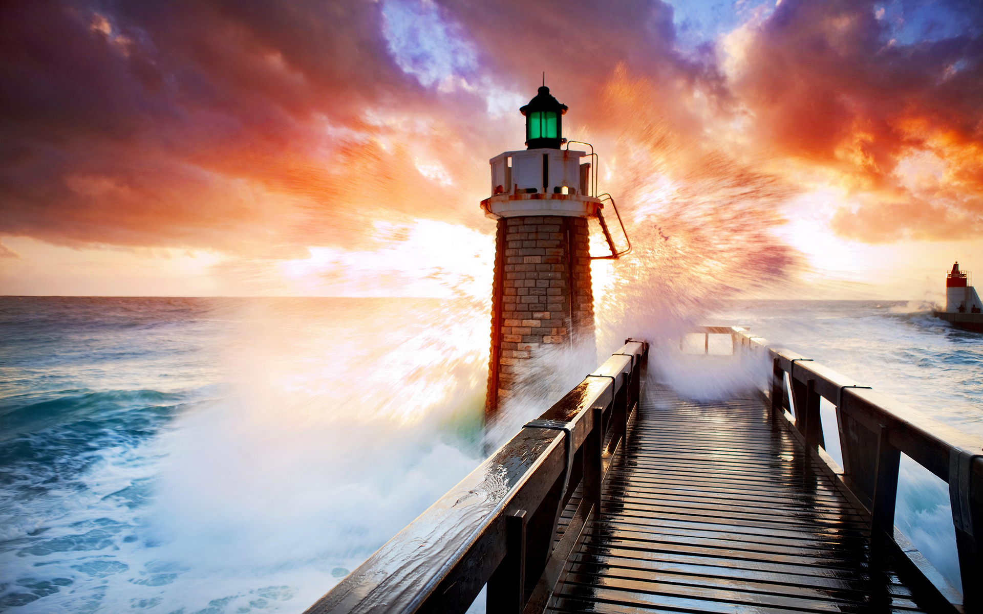 Free download wallpaper Sunset, Sea, Horizon, Ocean, Lighthouse, Cloud, Man Made on your PC desktop