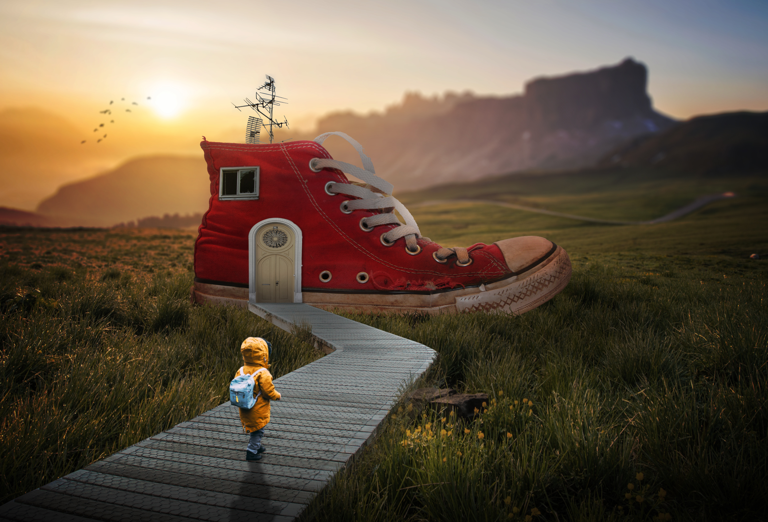 Download mobile wallpaper Sunset, House, Photography, Shoe, Manipulation for free.