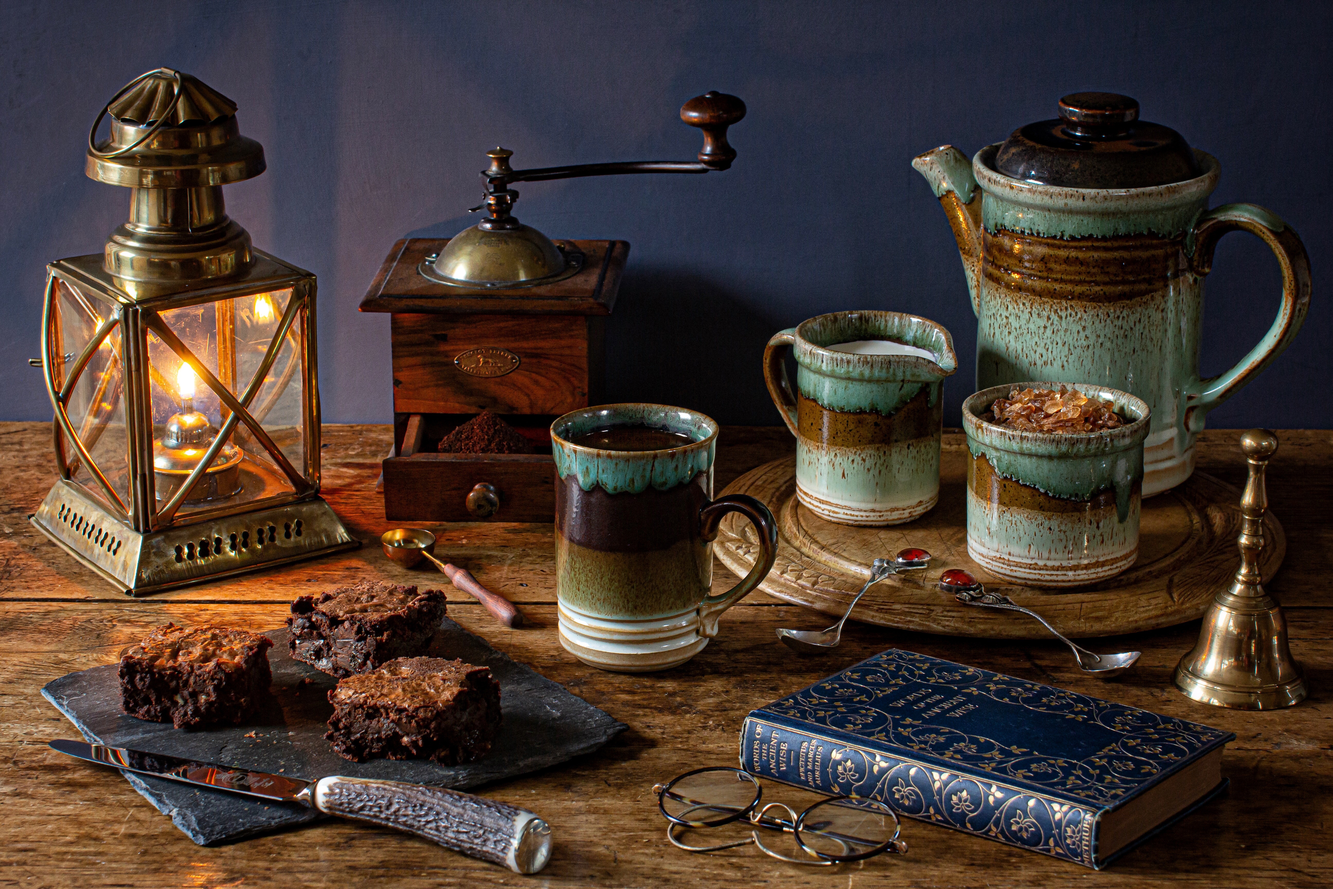 mug, photography, still life, book, brownie, coffee, lantern