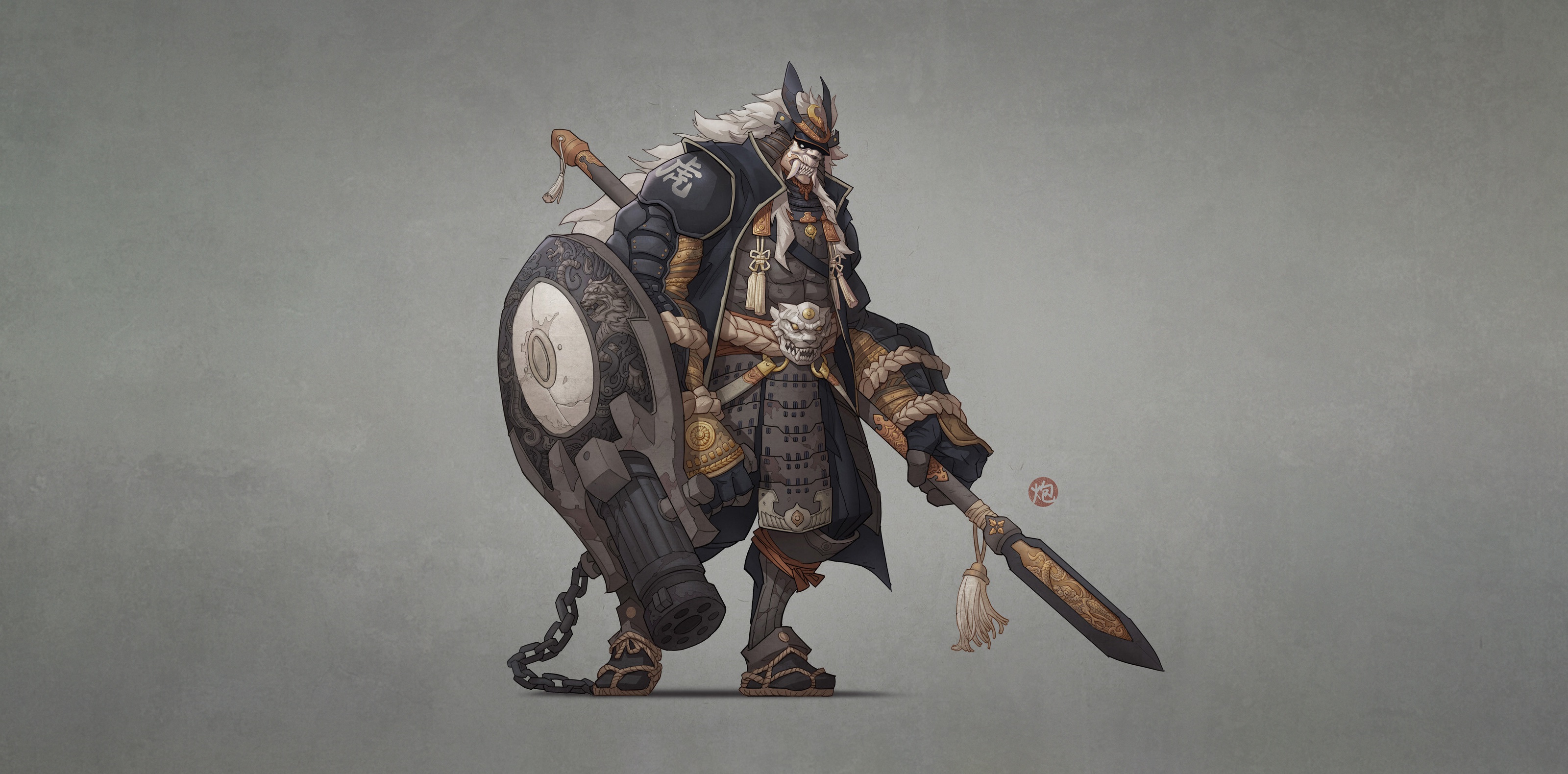 Download mobile wallpaper Fantasy, Shield, Mask, Warrior, Samurai, Spear for free.