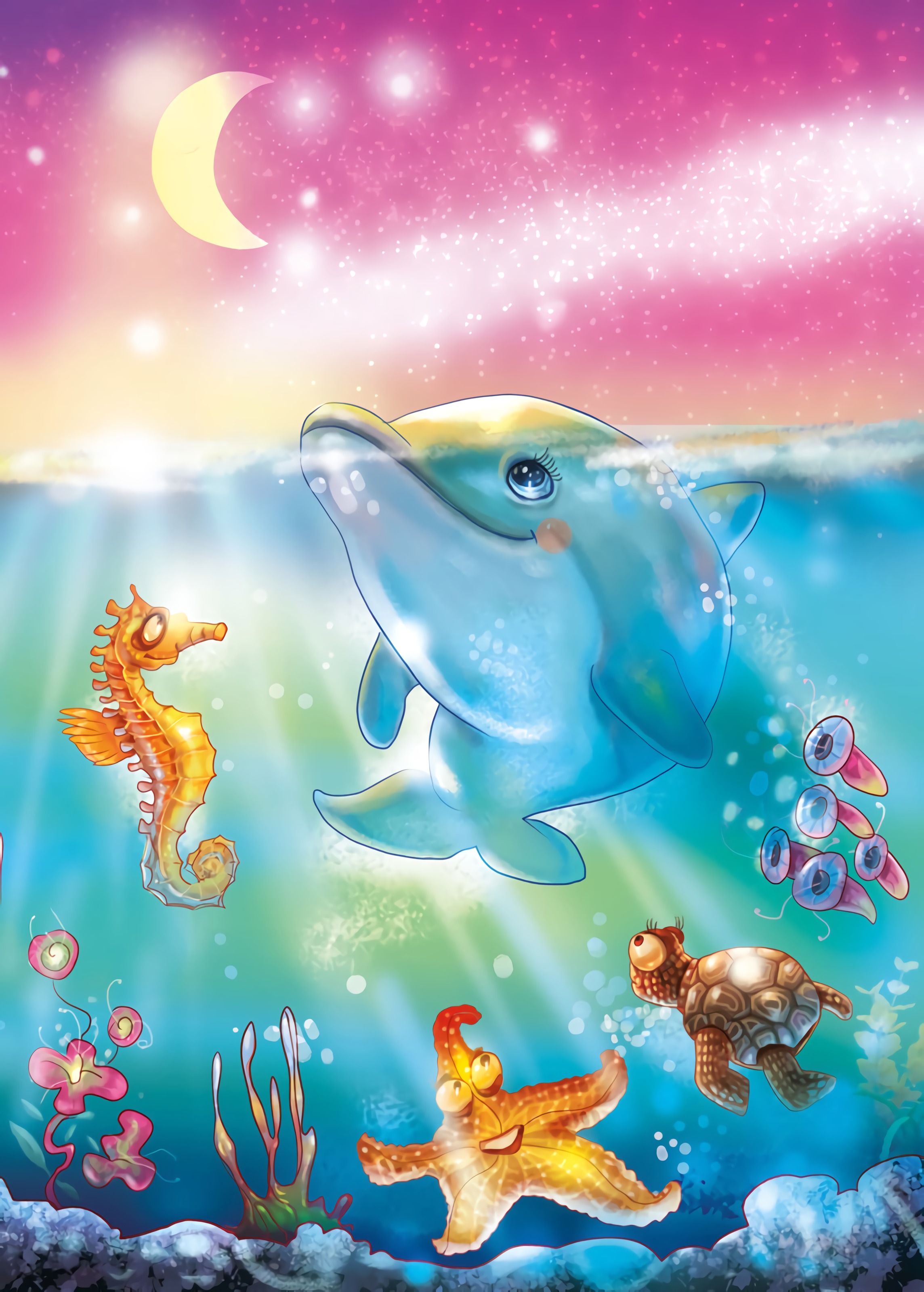 dolphin, underwater, art, sea, moon, under water