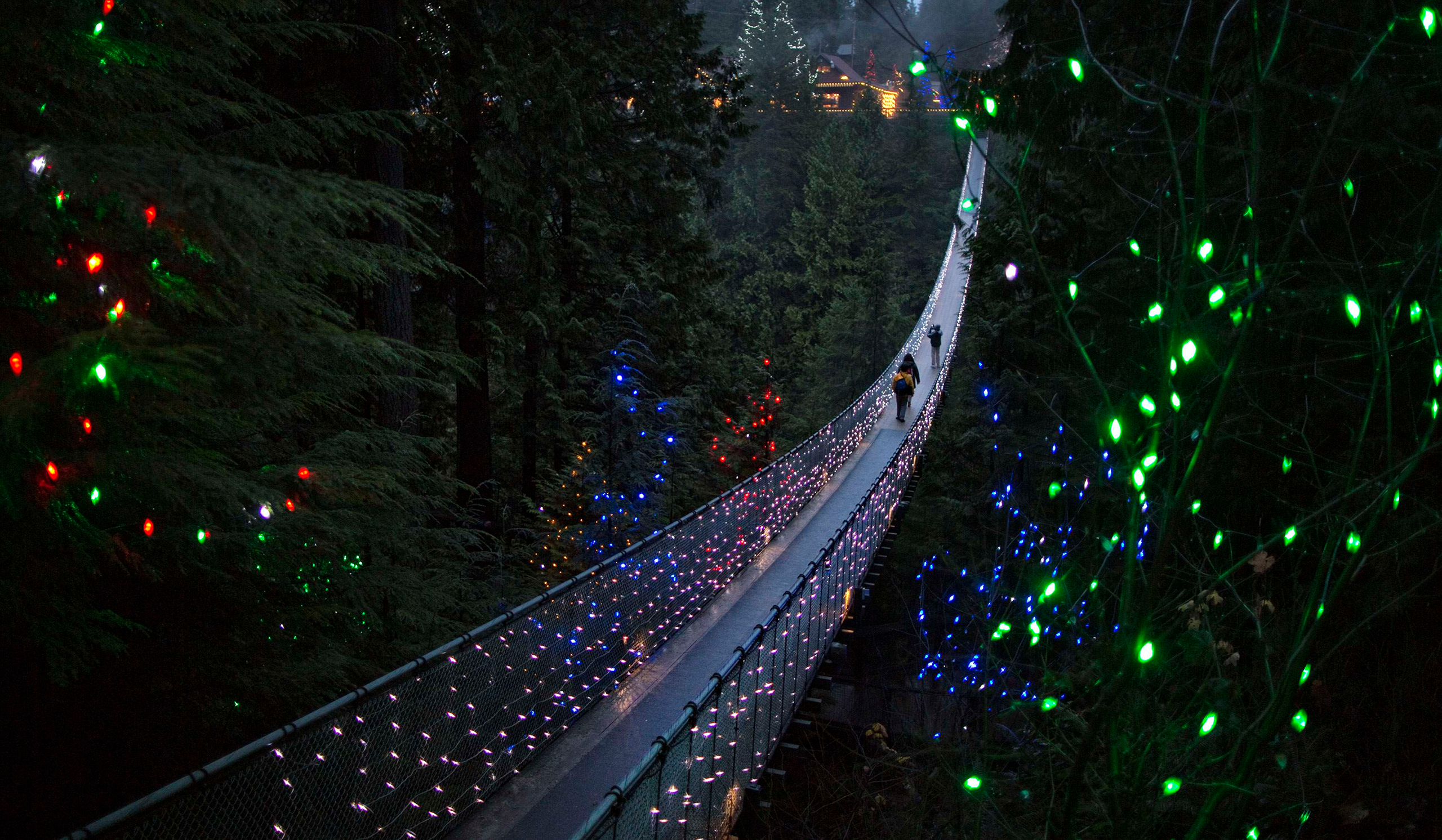 387067 скачать обои подвесной мост, канада, рождественские огни, сделано человеком, мост, рождество, лес, свет, дерево, мосты - заставки и картинки бесплатно