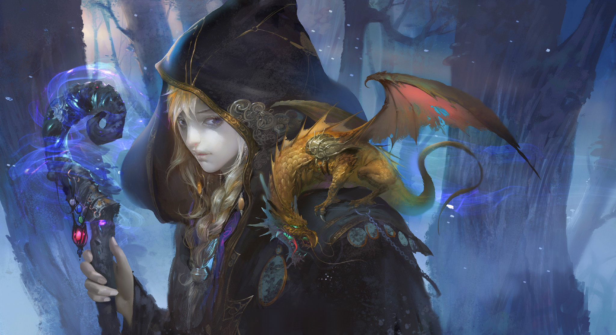 Download mobile wallpaper Fantasy, Dragon, Blonde, Hood, Staff, Sorceress for free.