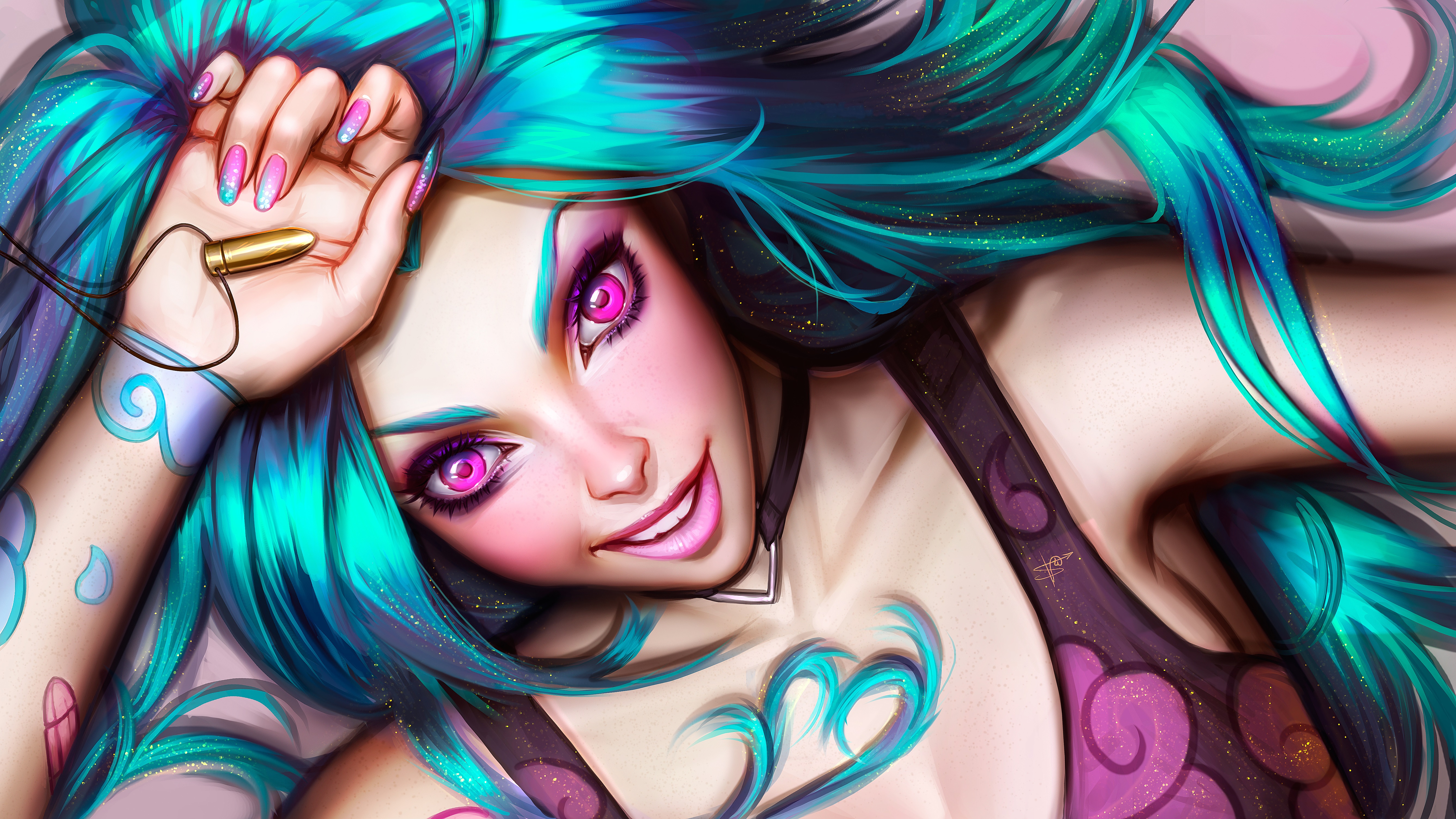 Laden Sie das League Of Legends, Lächeln, Blaue Haare, Computerspiele, Rosa Augen, Jinx (Liga Der Legenden)-Bild kostenlos auf Ihren PC-Desktop herunter