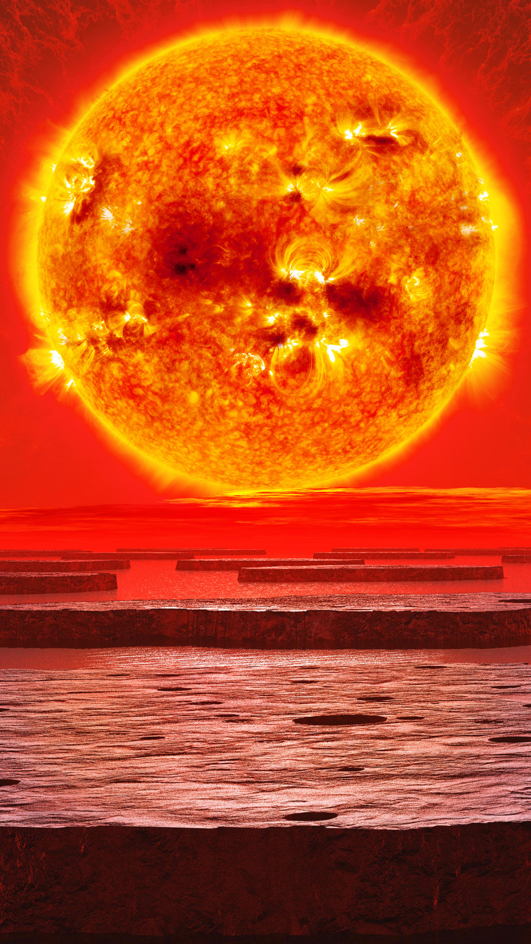 Download mobile wallpaper Landscape, Sun, Horizon, Planet, Sci Fi, Orange (Color) for free.