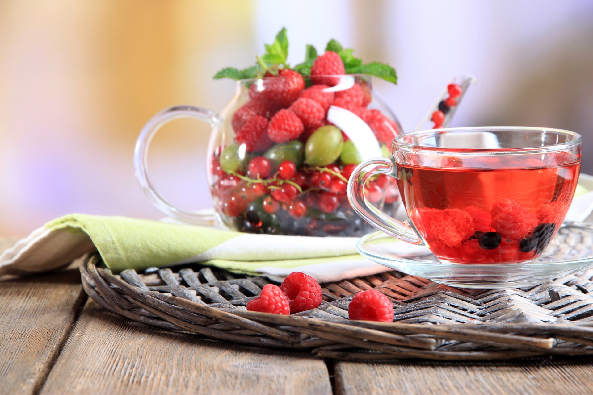 Download mobile wallpaper Food, Raspberry, Cup, Berry, Fruit, Tea, Teapot for free.