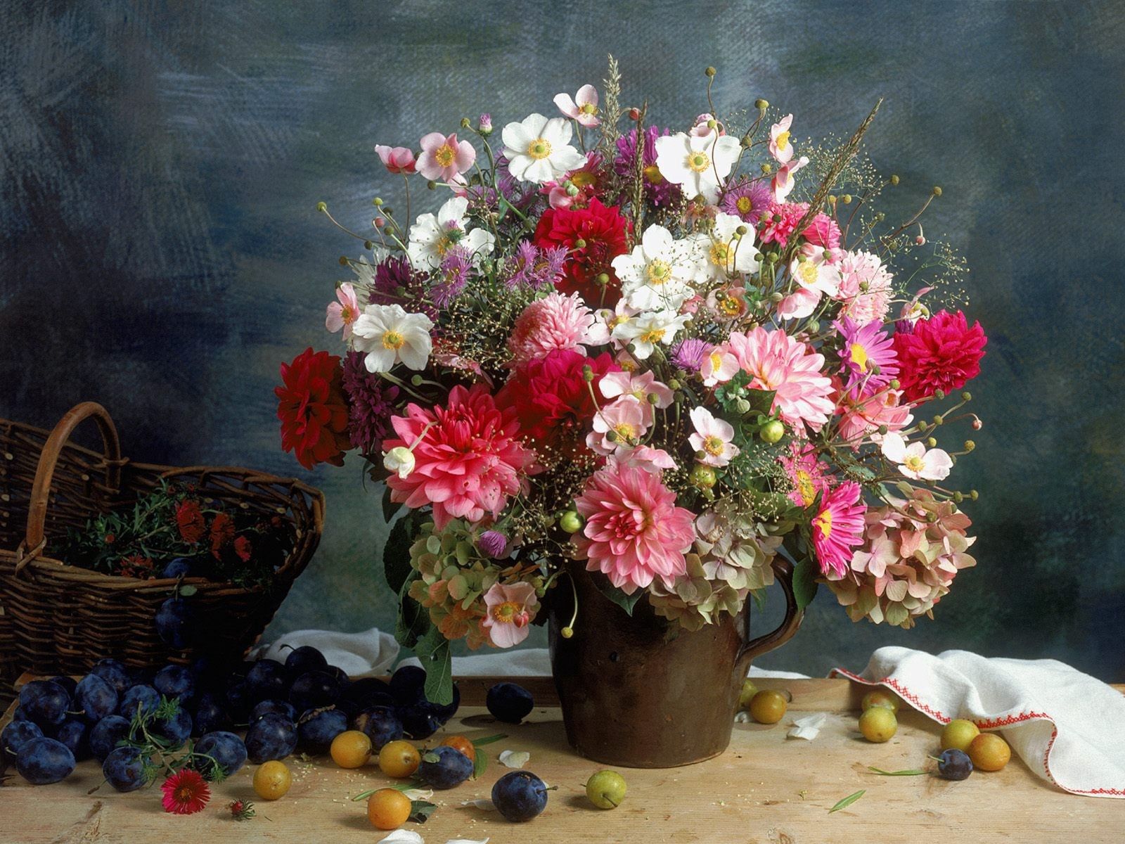 bouquet, still life, flowers, chrysanthemum, vase, plums Panoramic Wallpaper