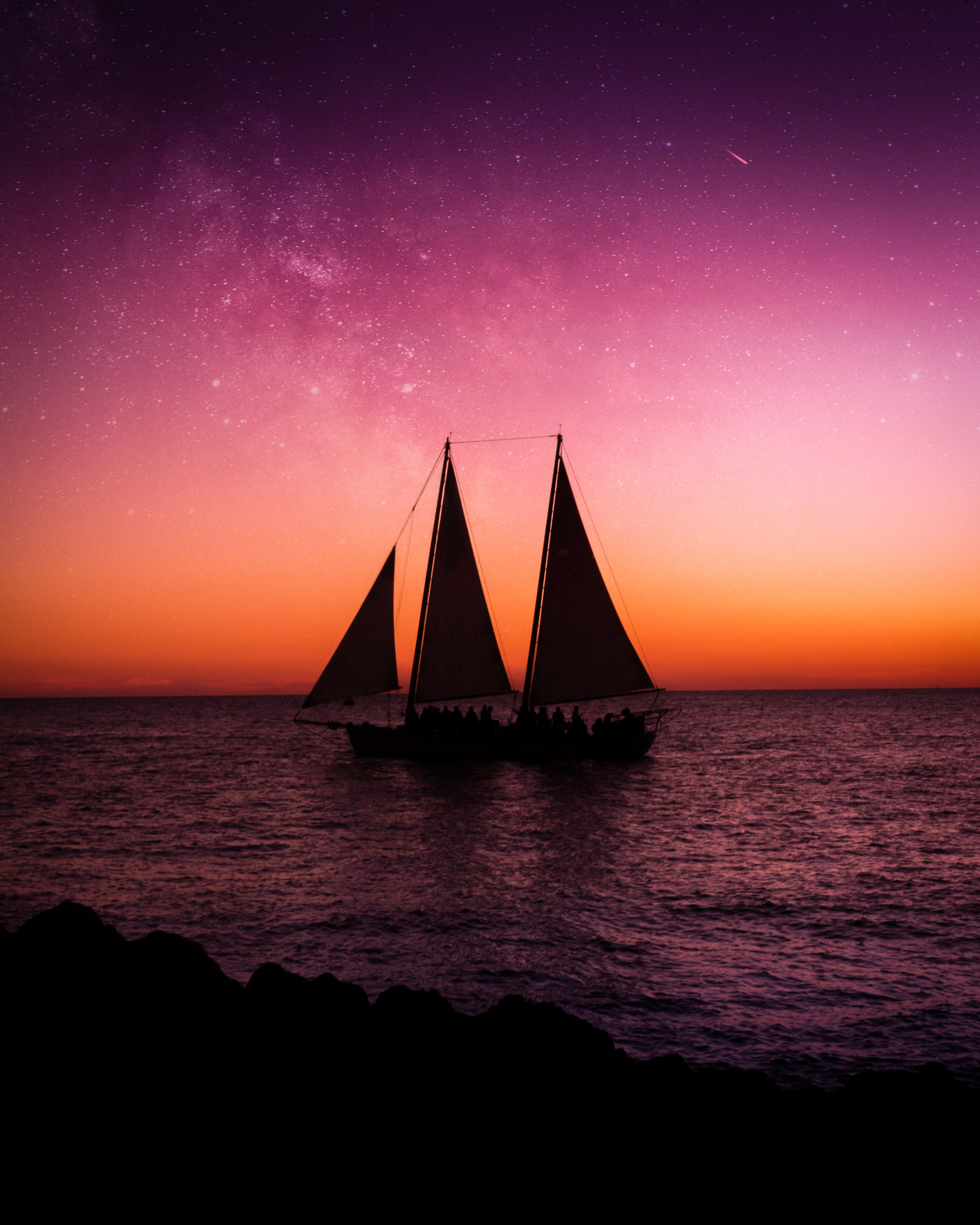 sailboat, sailfish, sea, twilight, dark, dusk, ship Desktop Wallpaper
