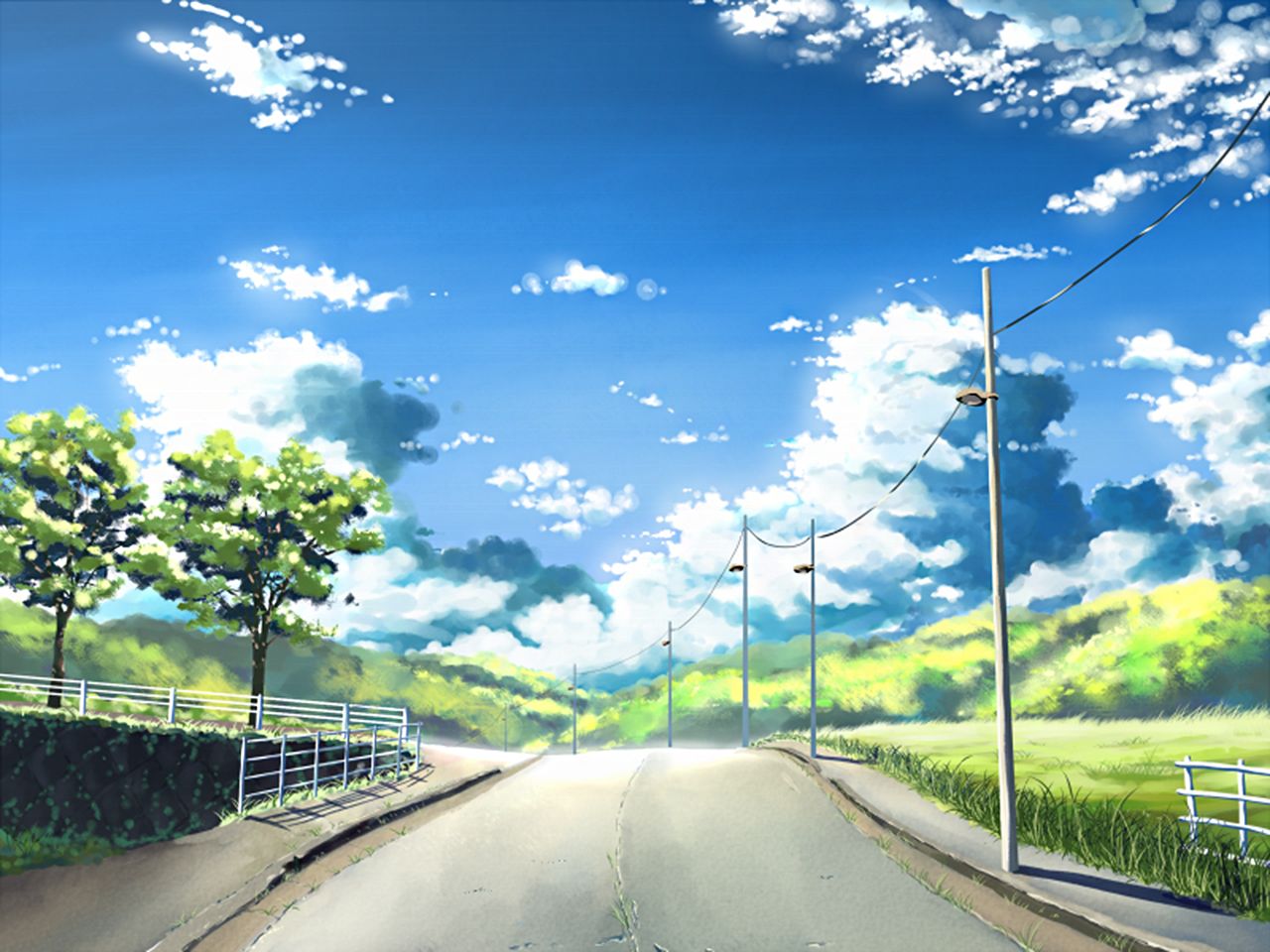 Download mobile wallpaper Anime, Landscape, Grass, Sky, Sun, Road, Cloud for free.
