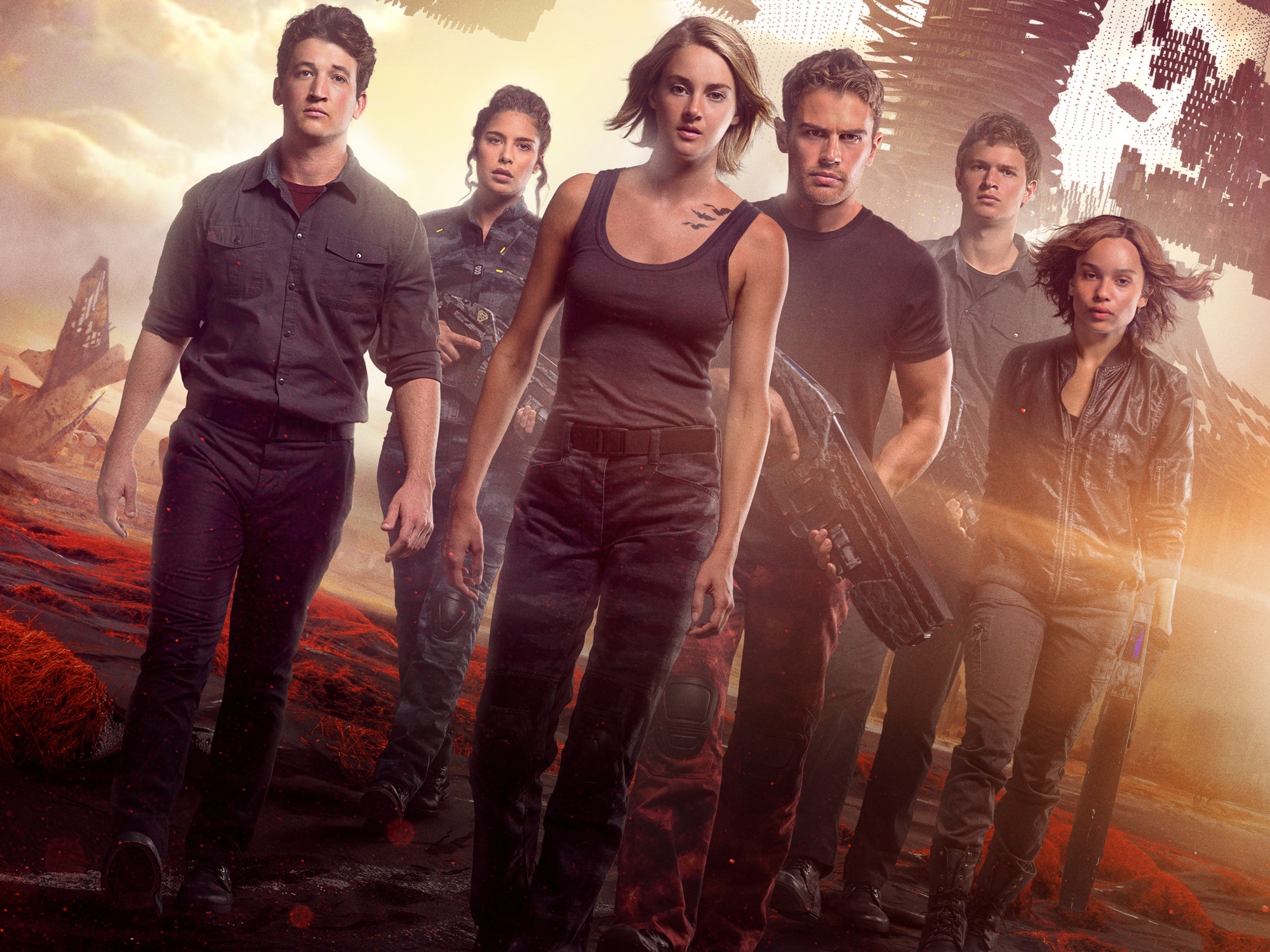 movie, the divergent series: allegiant, ansel elgort, caleb (the divergent series), four (the divergent series), miles teller, peter (the divergent series), shailene woodley, theo james, tris (the divergent series)