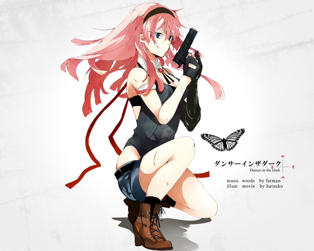 anime, vocaloid, boots, gun, luka megurine, pink hair, shorts, song illustration