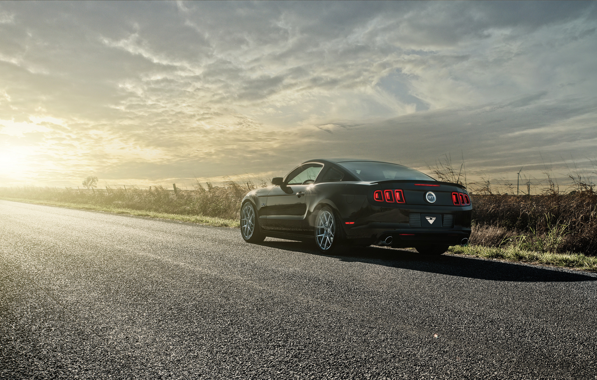 Download background auto, mustang, cars, shine, light, road, back view, rear view, gt