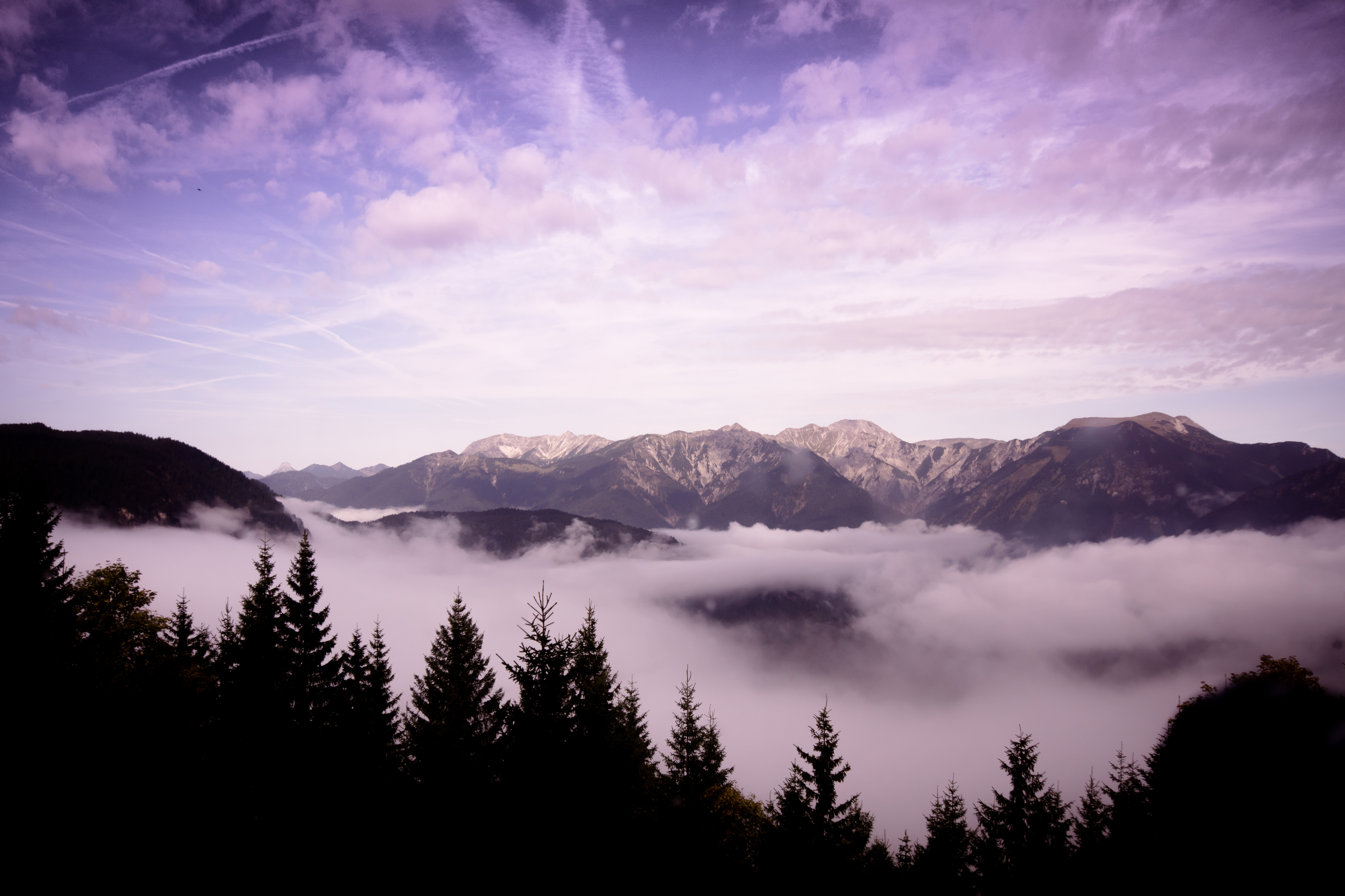 Download mobile wallpaper Height, Clouds, Mountains, Trees, Landscape, Nature for free.