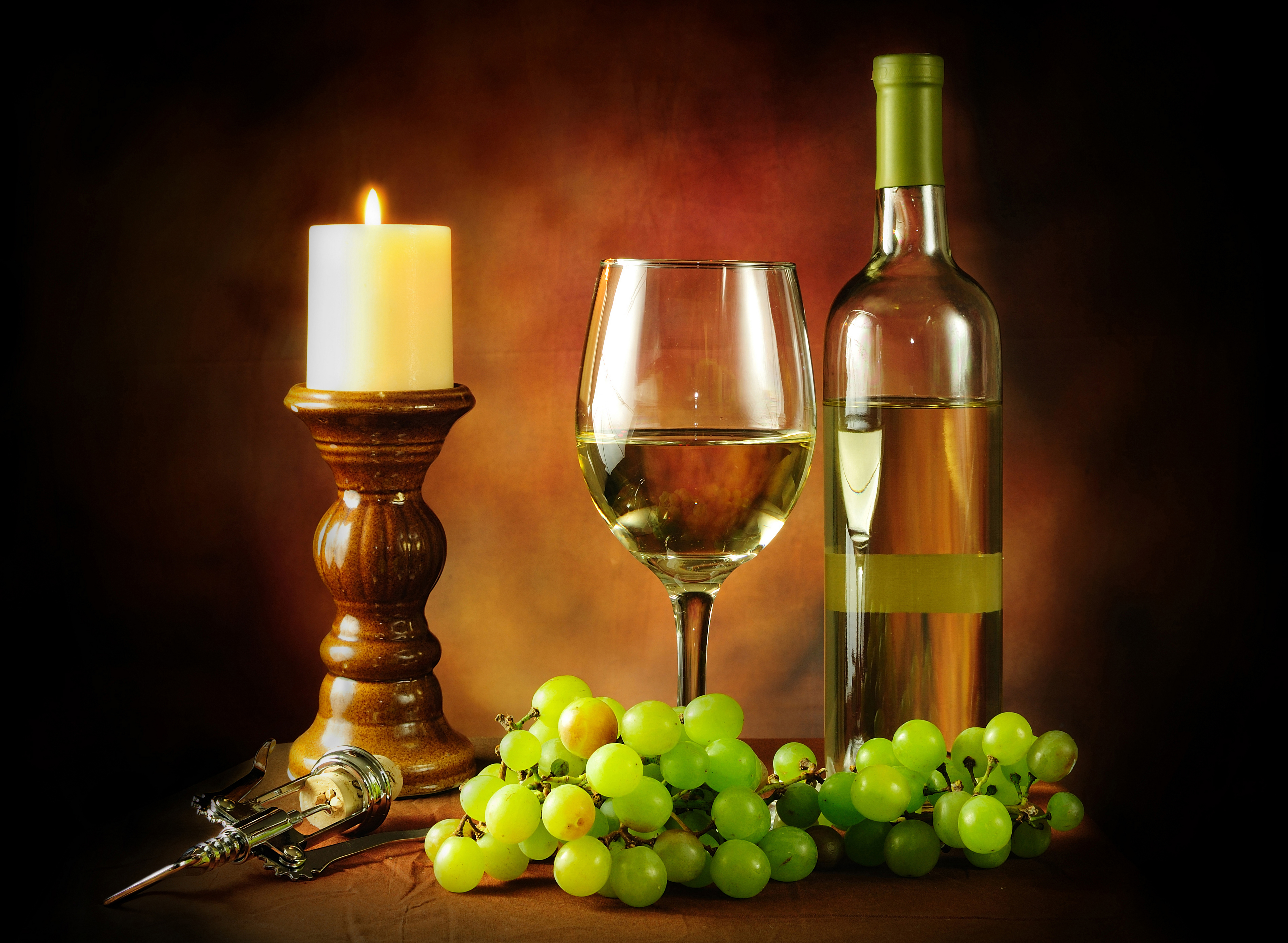Download mobile wallpaper Grapes, Still Life, Glass, Candle, Photography, Wine, Corkscrew for free.