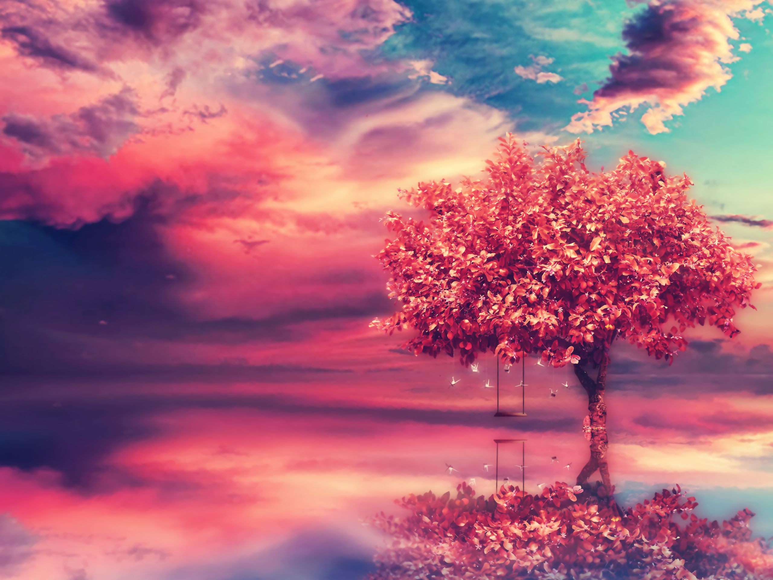 pink, love, artistic, tree, swing
