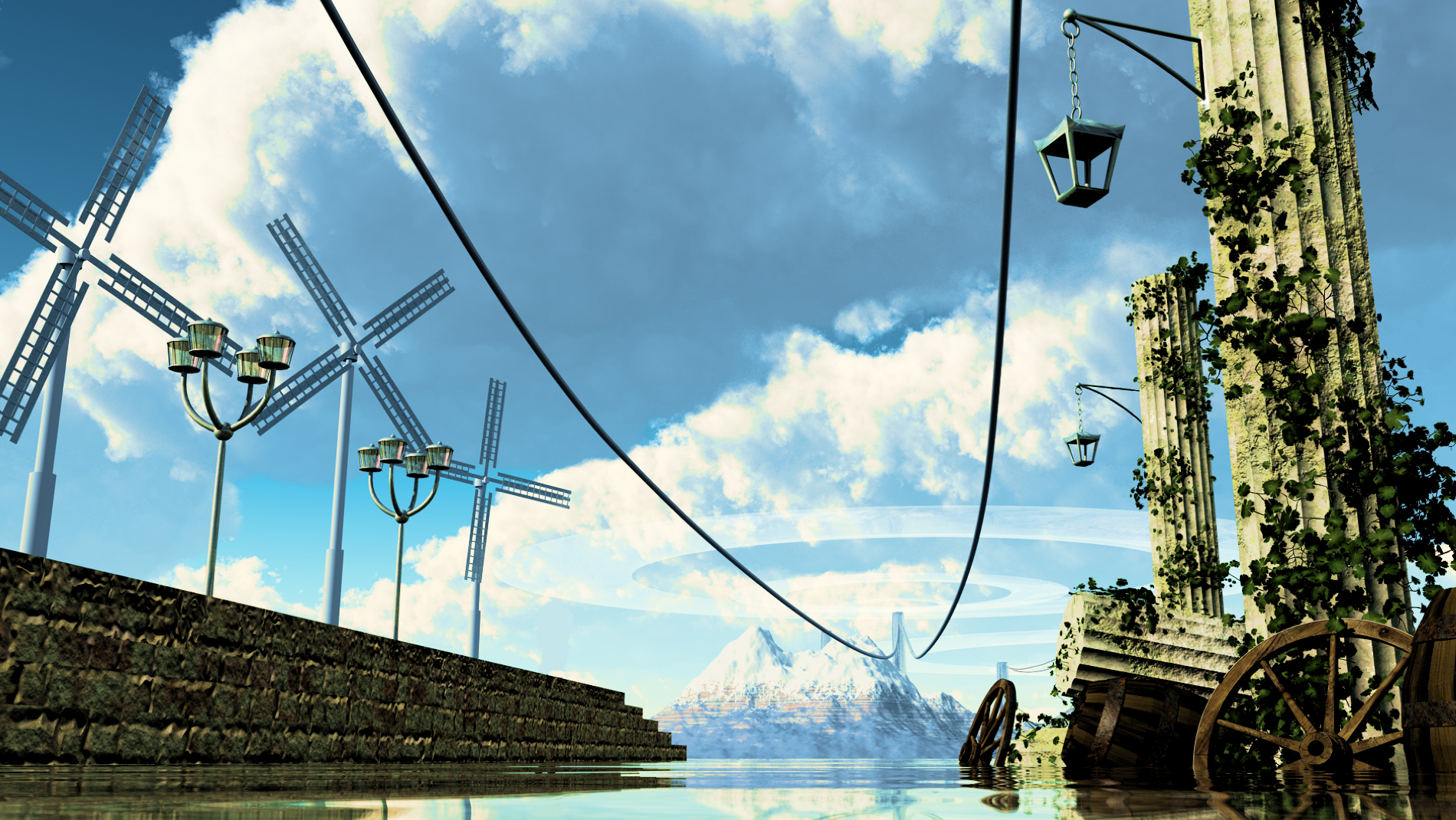 Download mobile wallpaper Anime, Water, Sky, Mountain, 3D, Cloud, Windmill, Columns, Original, Cgi for free.