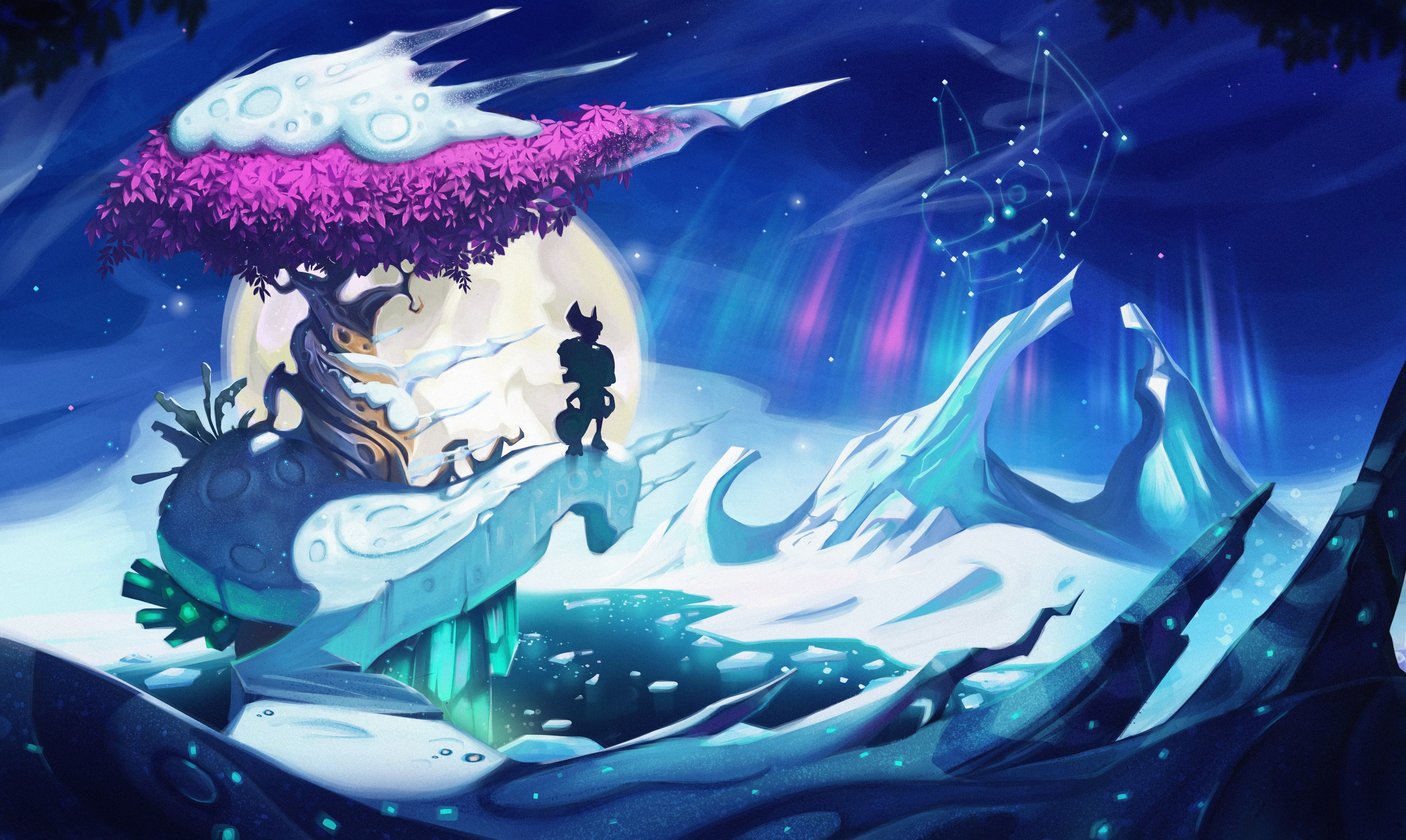 video game, yooka laylee, aurora borealis, snow, tree