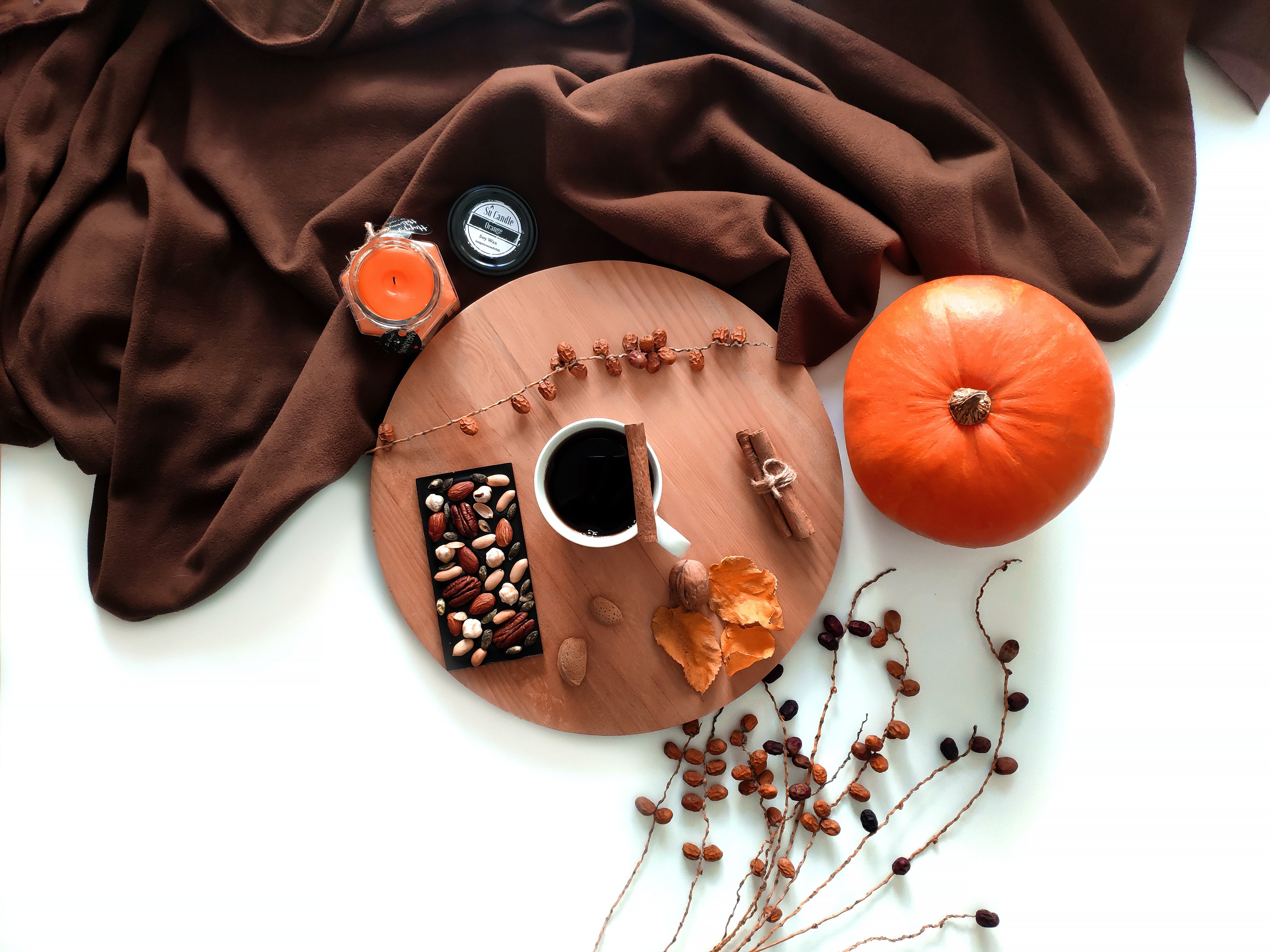 Free download wallpaper Coffee, Pumpkin, Still Life, Cinnamon, Cup, Candle, Photography, Nut on your PC desktop