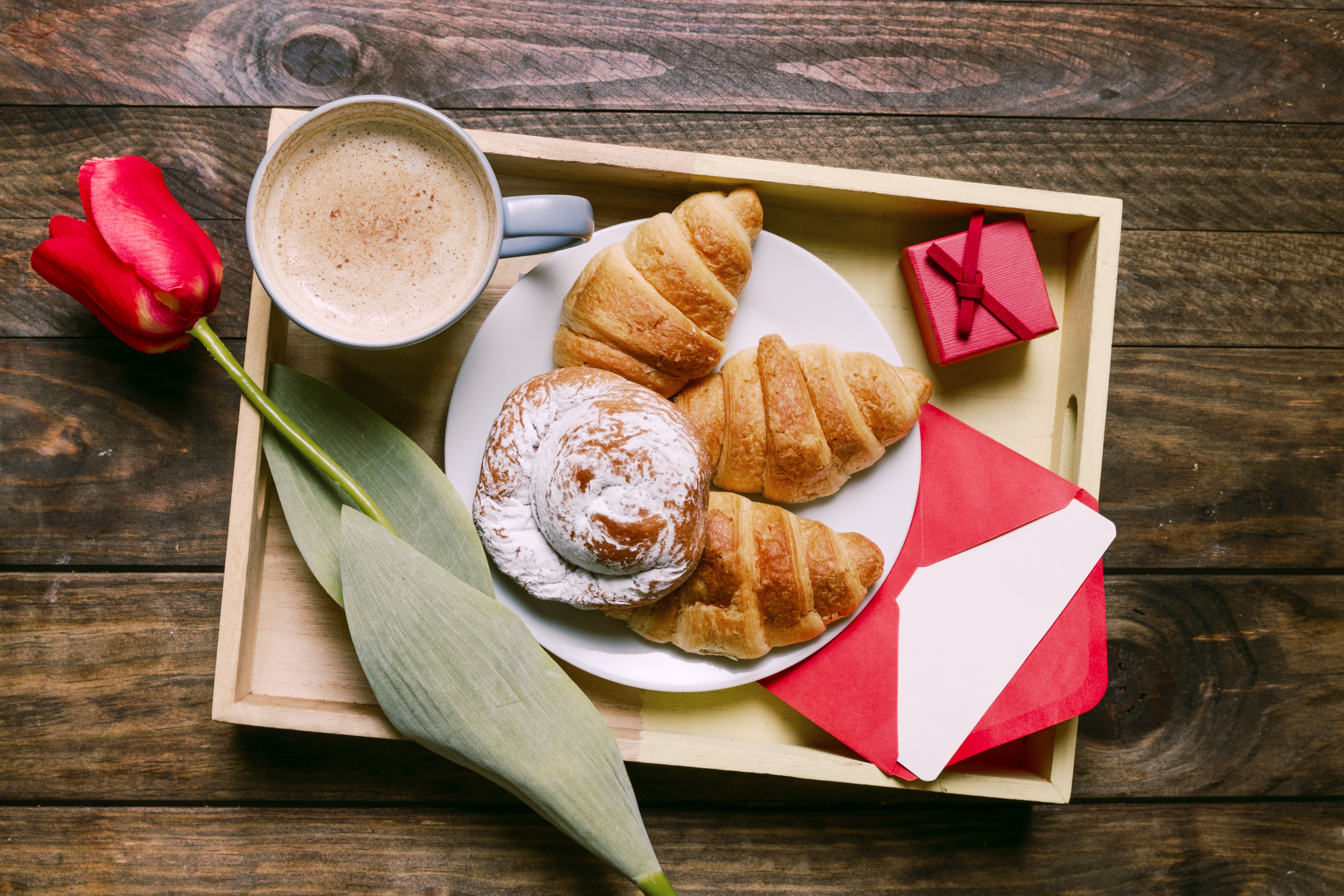 Download mobile wallpaper Food, Coffee, Still Life, Tulip, Breakfast, Croissant, Viennoiserie for free.