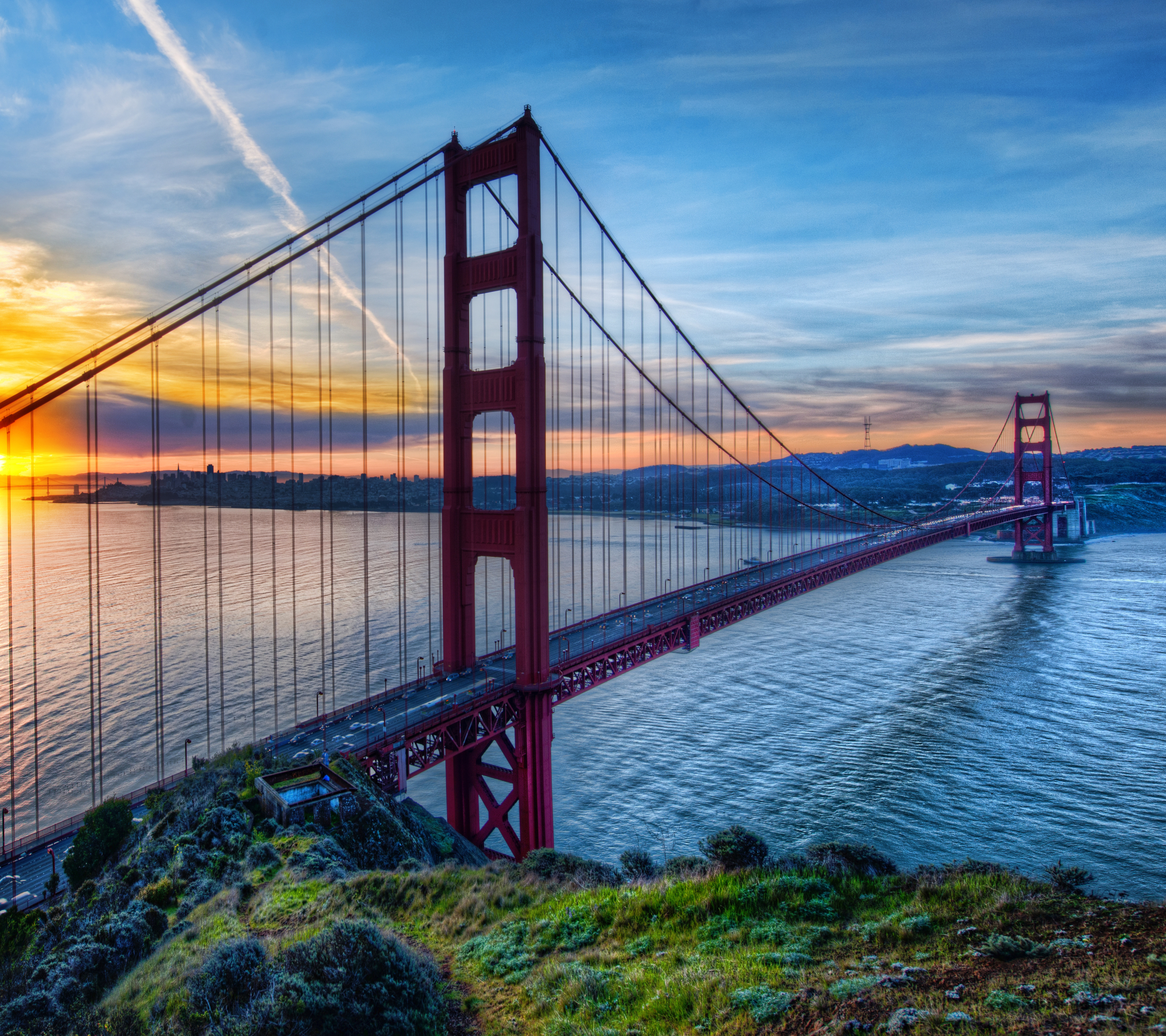 Free download wallpaper Bridges, Sunrise, Bridge, Golden Gate, Man Made on your PC desktop